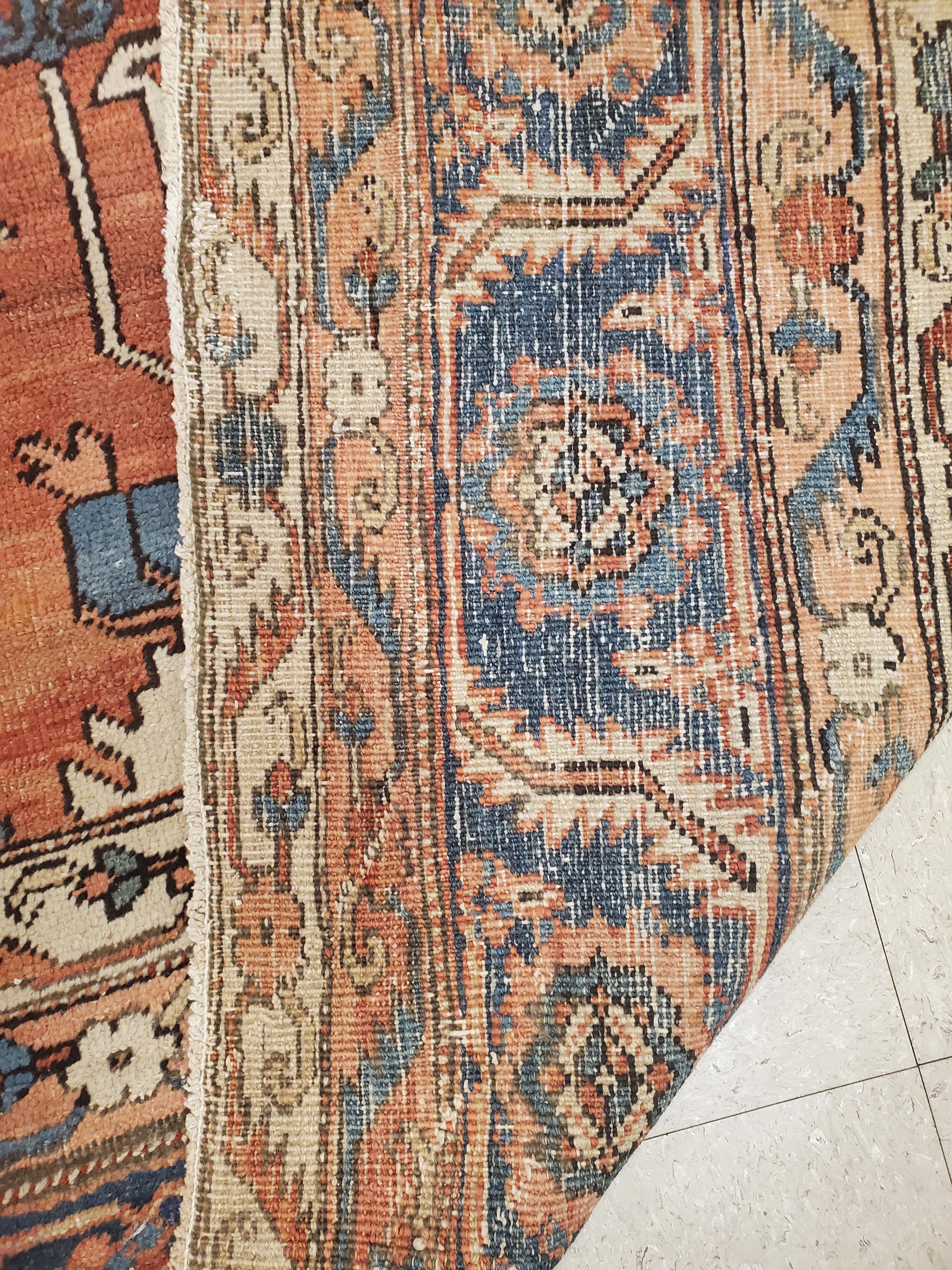 Heriz Serapi Antique Persian Serapi Carpet, Handmade Wool Oriental Rug Ivory, Rust Light Blue For Sale