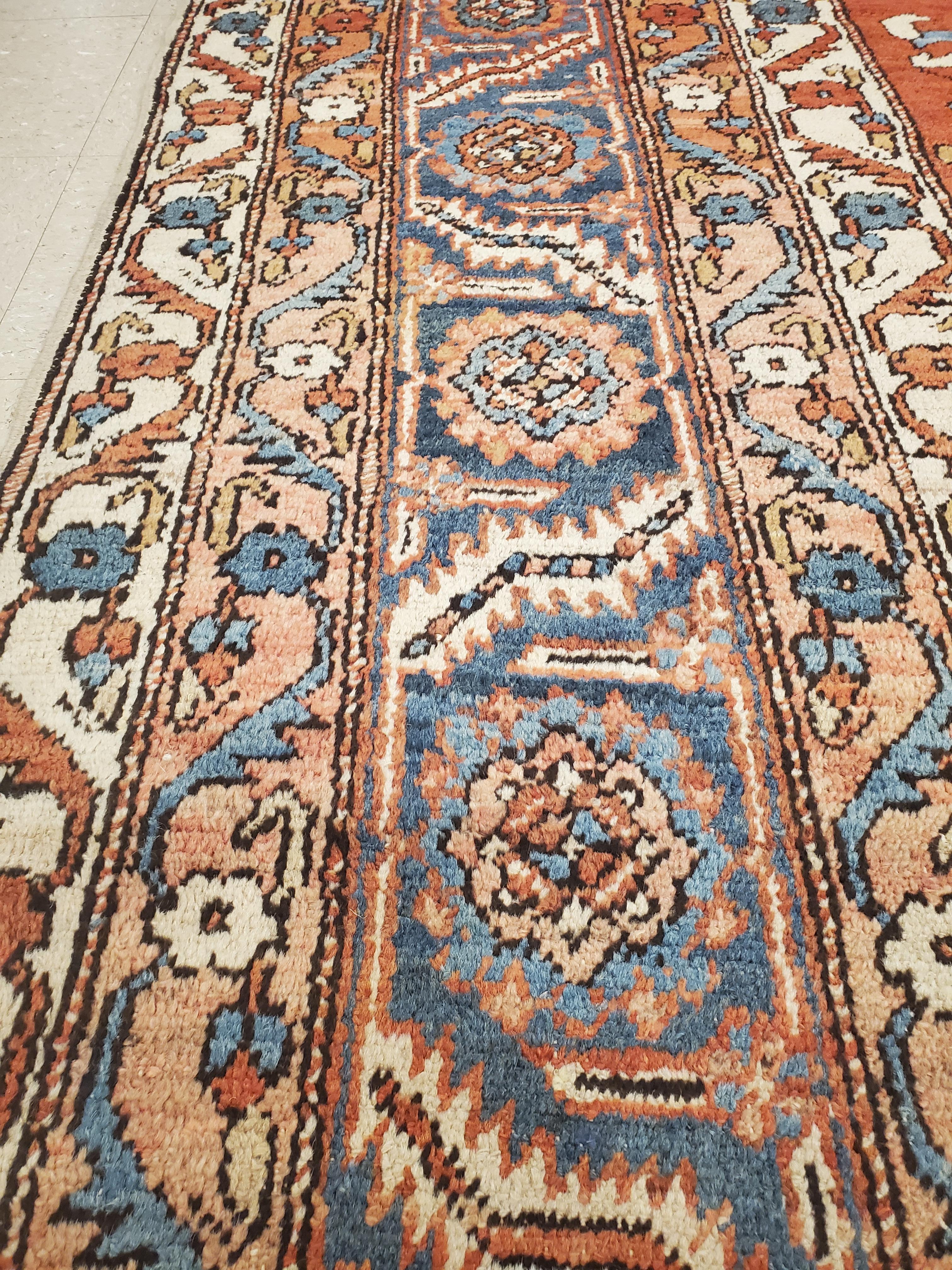 Hand-Knotted Antique Persian Serapi Carpet, Handmade Wool Oriental Rug Ivory, Rust Light Blue For Sale