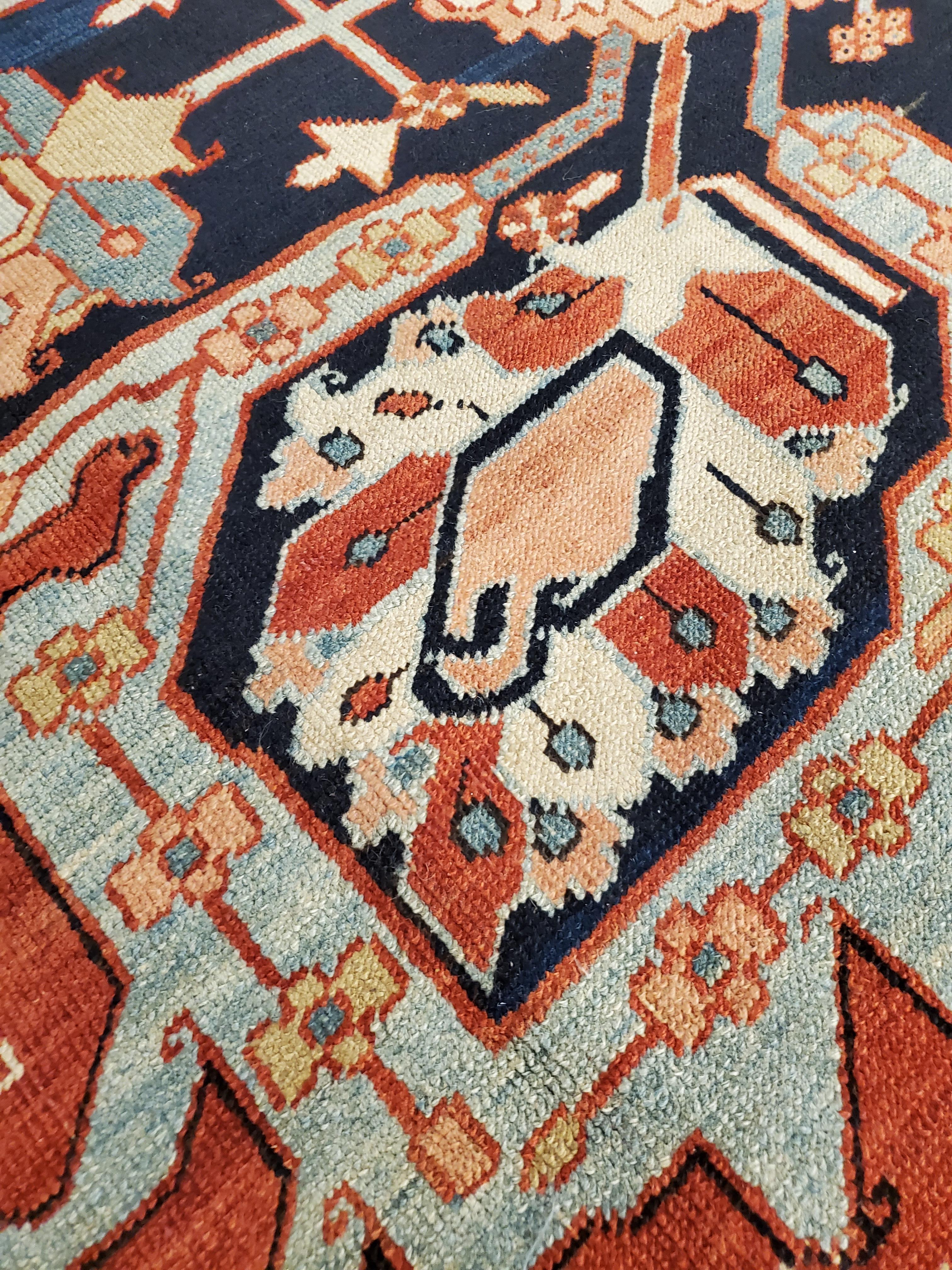 Antique Persian Serapi Carpet, Handmade Wool Oriental Rug Ivory, Rust Light Blue For Sale 2