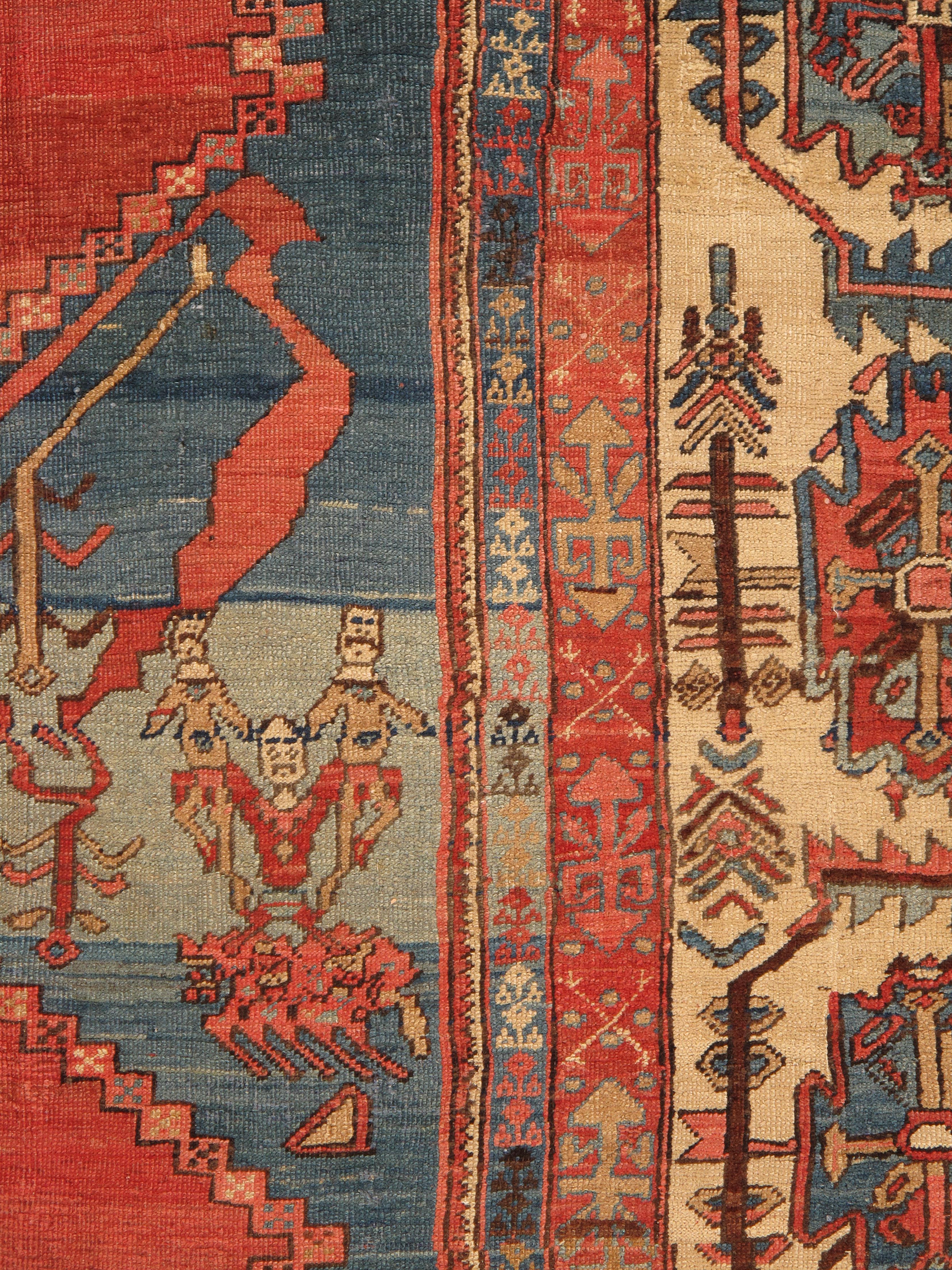 XIXe siècle Tapis persan Serapi ancien, tapis oriental en laine fait à la main, ivoire rouille clair bleu clair en vente