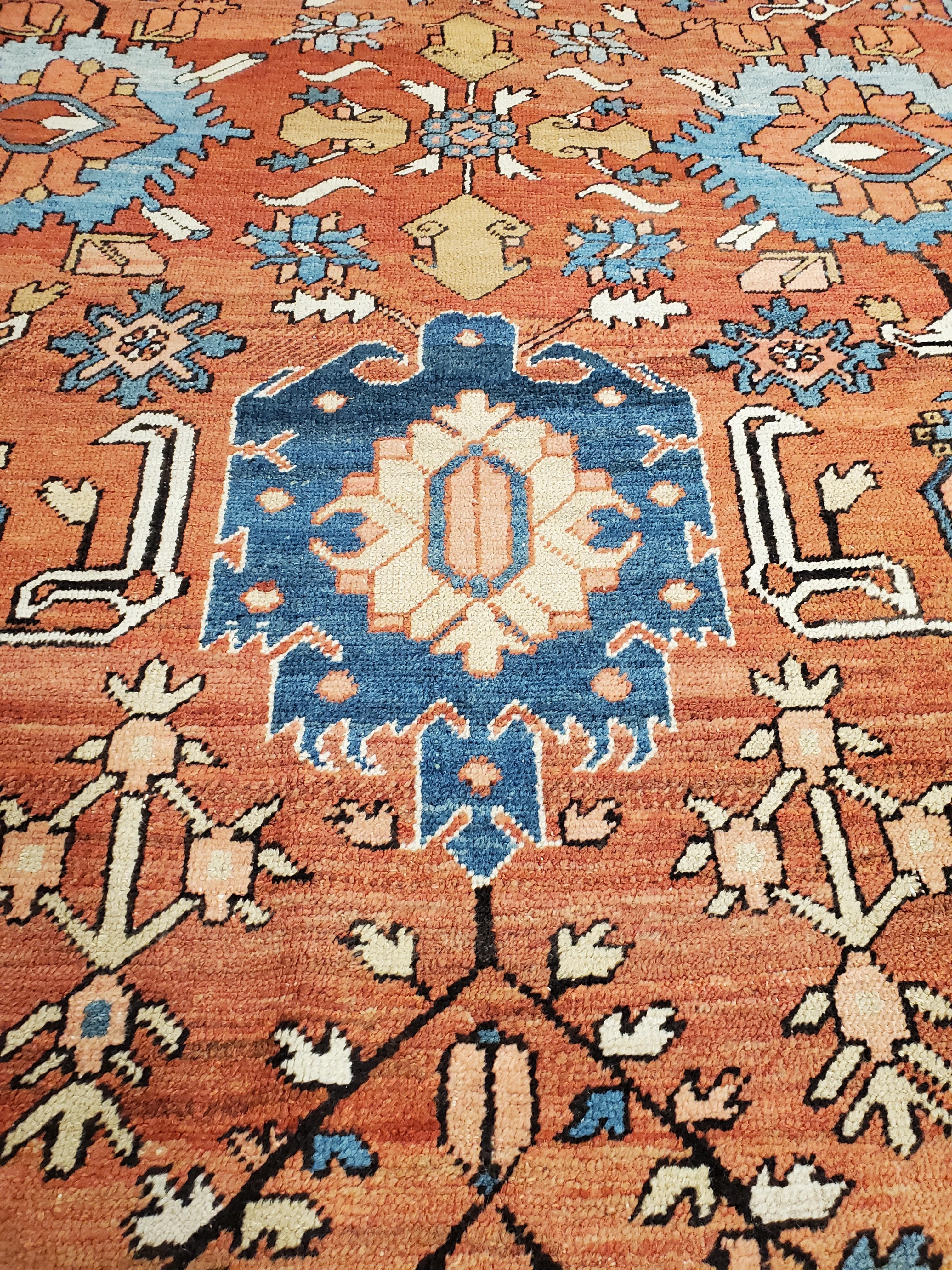 19th Century Antique Persian Serapi Carpet, Handmade Wool Oriental Rug Ivory, Rust Light Blue For Sale
