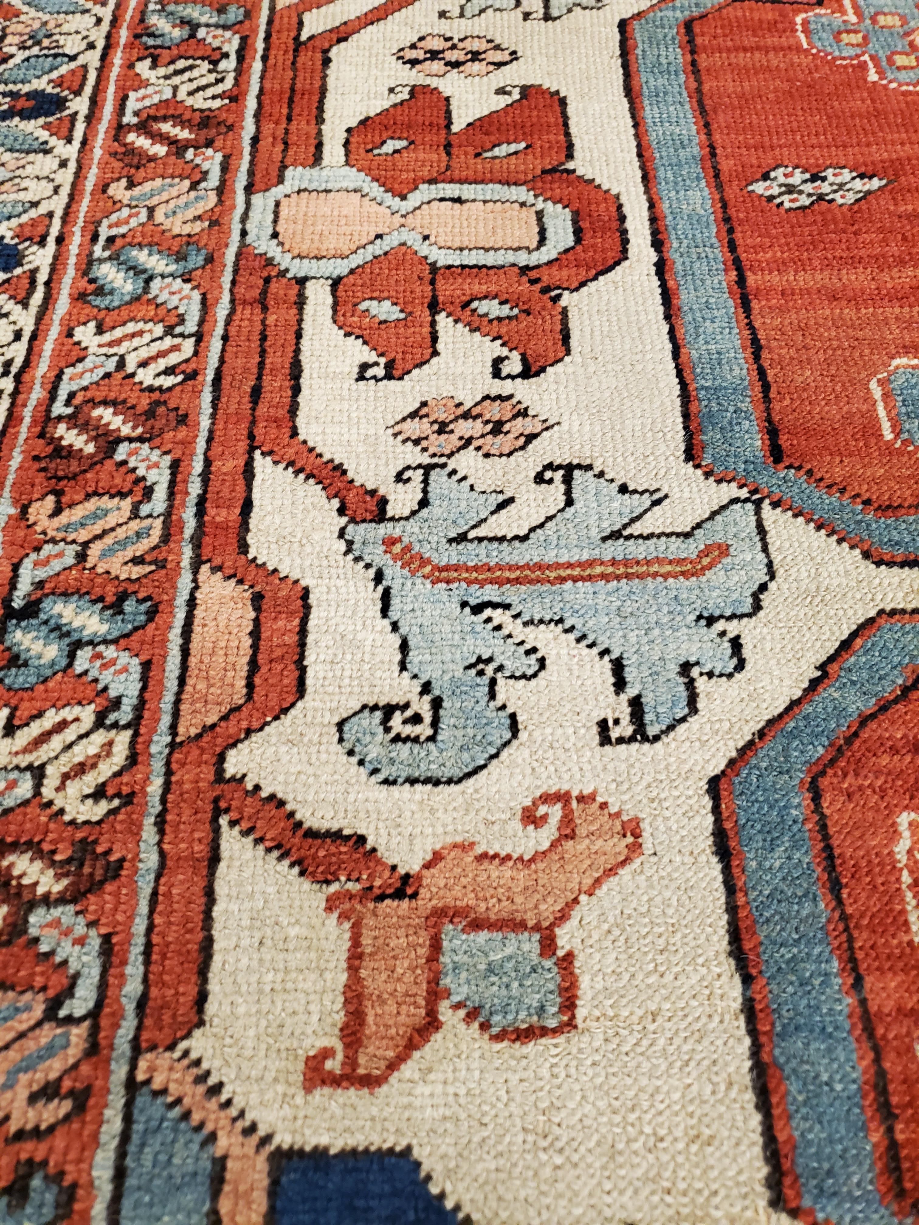Antique Persian Serapi Carpet, Handmade Wool Oriental Rug Ivory, Rust Light Blue For Sale 3