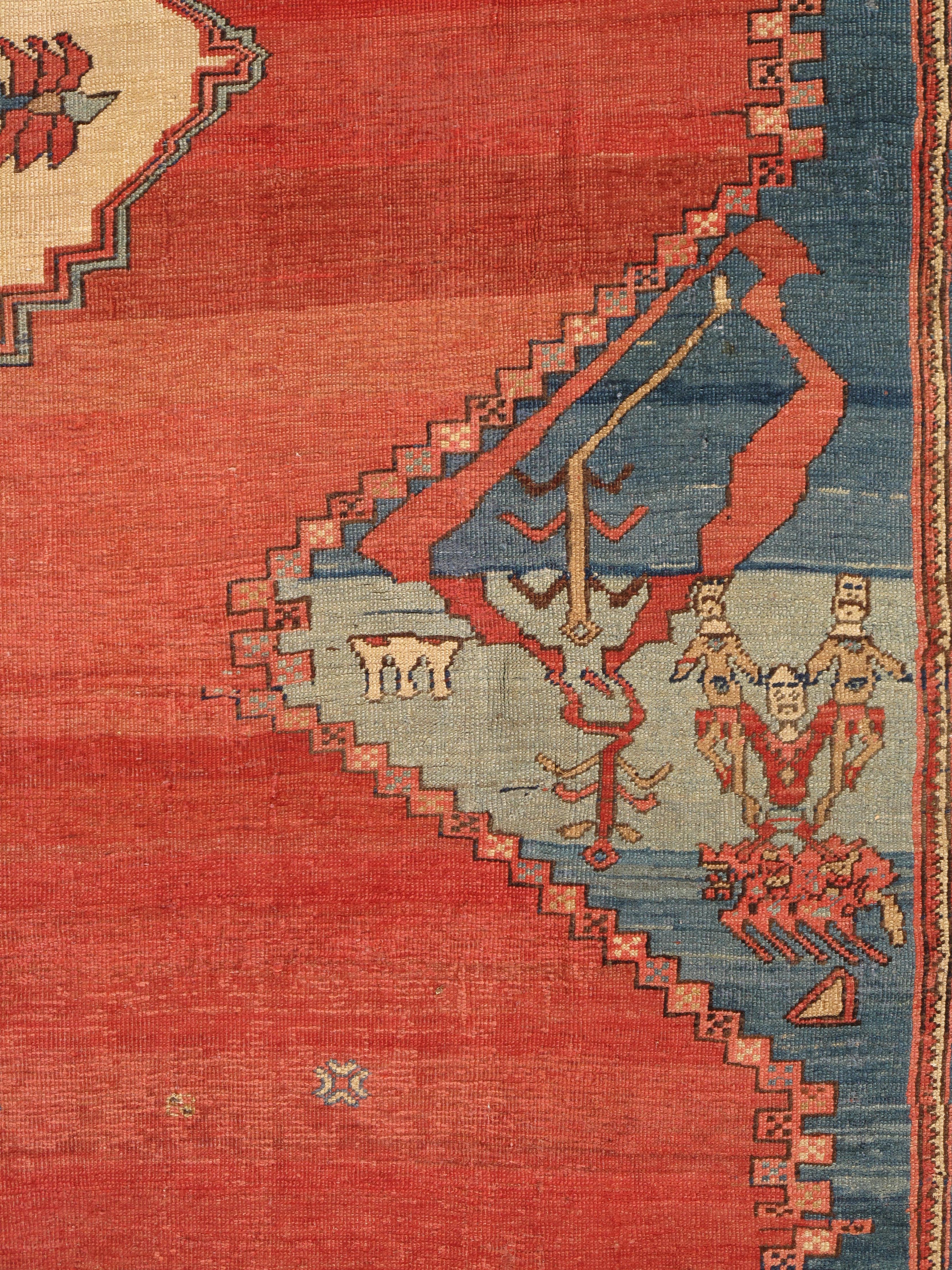 Laine Tapis persan Serapi ancien, tapis oriental en laine fait à la main, ivoire rouille clair bleu clair en vente