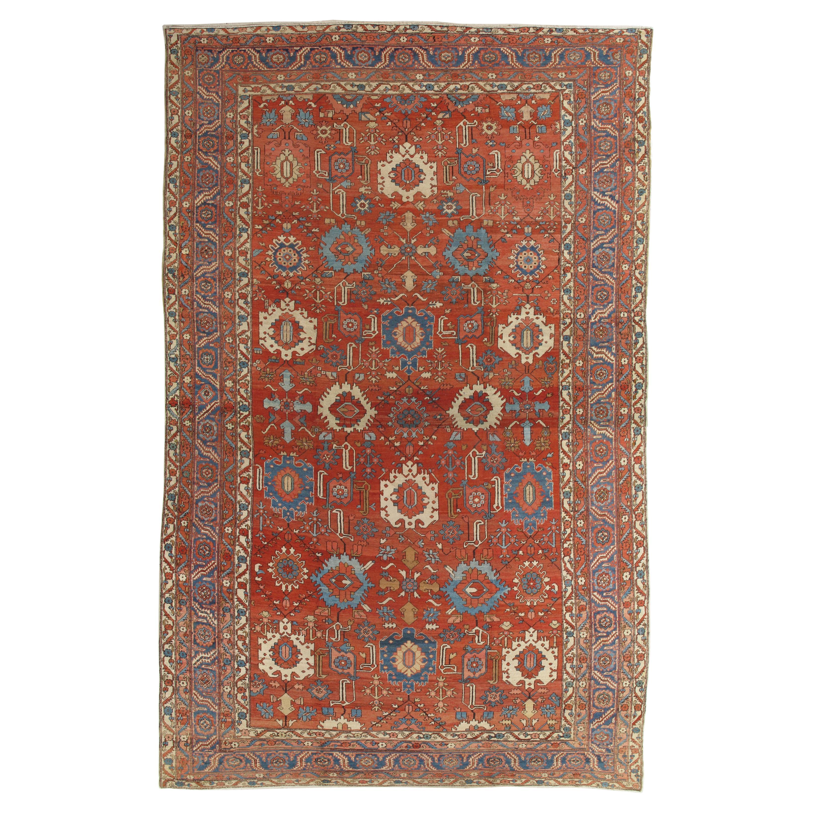 Alfombra Persa Antigua Serapi, Alfombra Oriental de Lana Hecha a Mano Marfil, Óxido Azul Claro