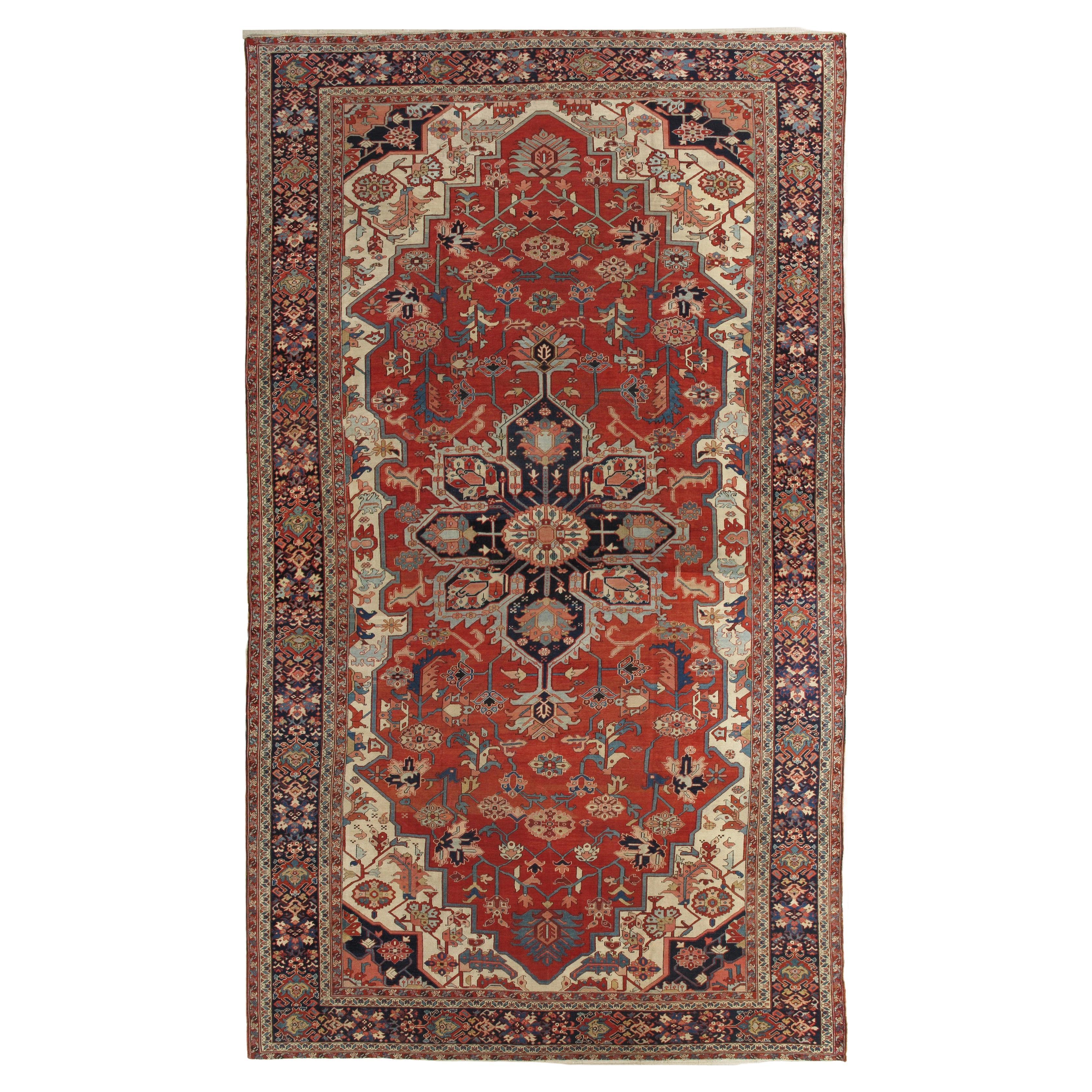 Antique Persian Serapi Carpet, Handmade Wool Oriental Rug Ivory, Rust Light Blue For Sale