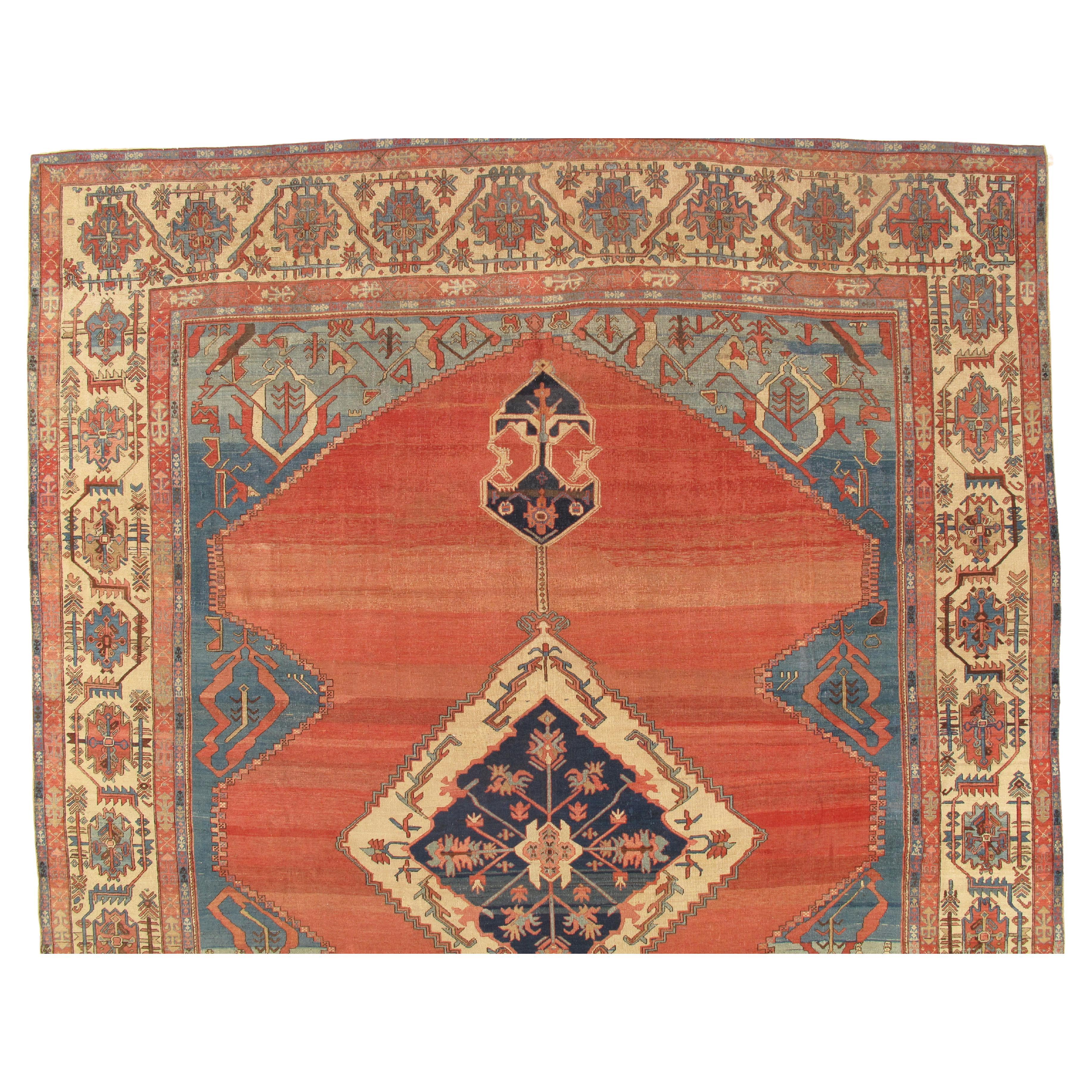 Antique Persian Serapi Carpet, Handmade Wool Oriental Rug, Ivory Rust Light Blue