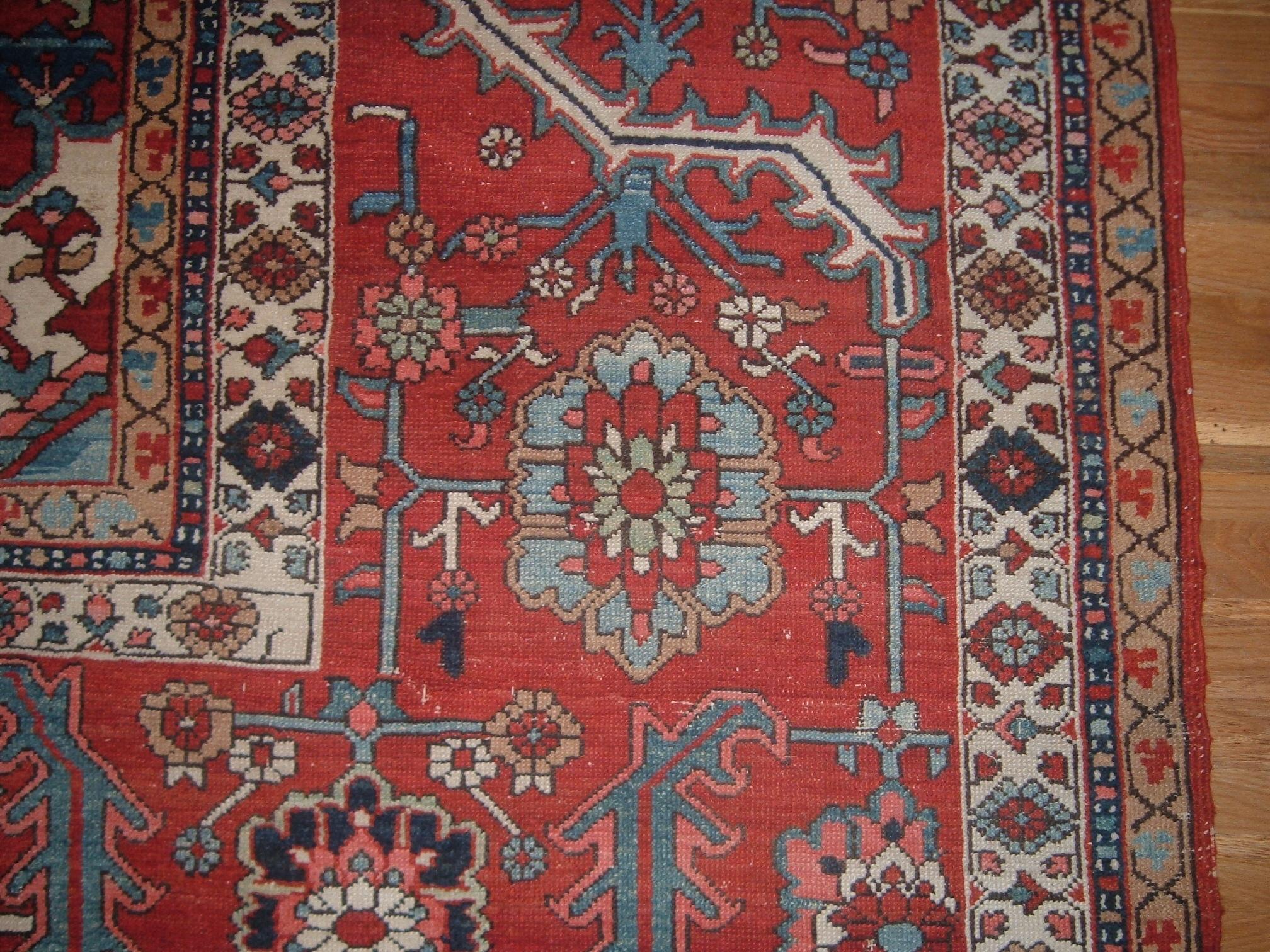 Antiker Persischer Serapi Teppich, Handgefertigter Wolle Orientteppich, Marine Rost Hellblau im Angebot 14