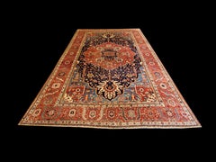 Antique Persian Serapi Carpet, Handmade Wool Oriental Rug, Navy Rust Light Blue