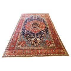 Antique Persian Serapi Carpet, Handmade Wool Oriental Rug, Navy Rust Light Blue