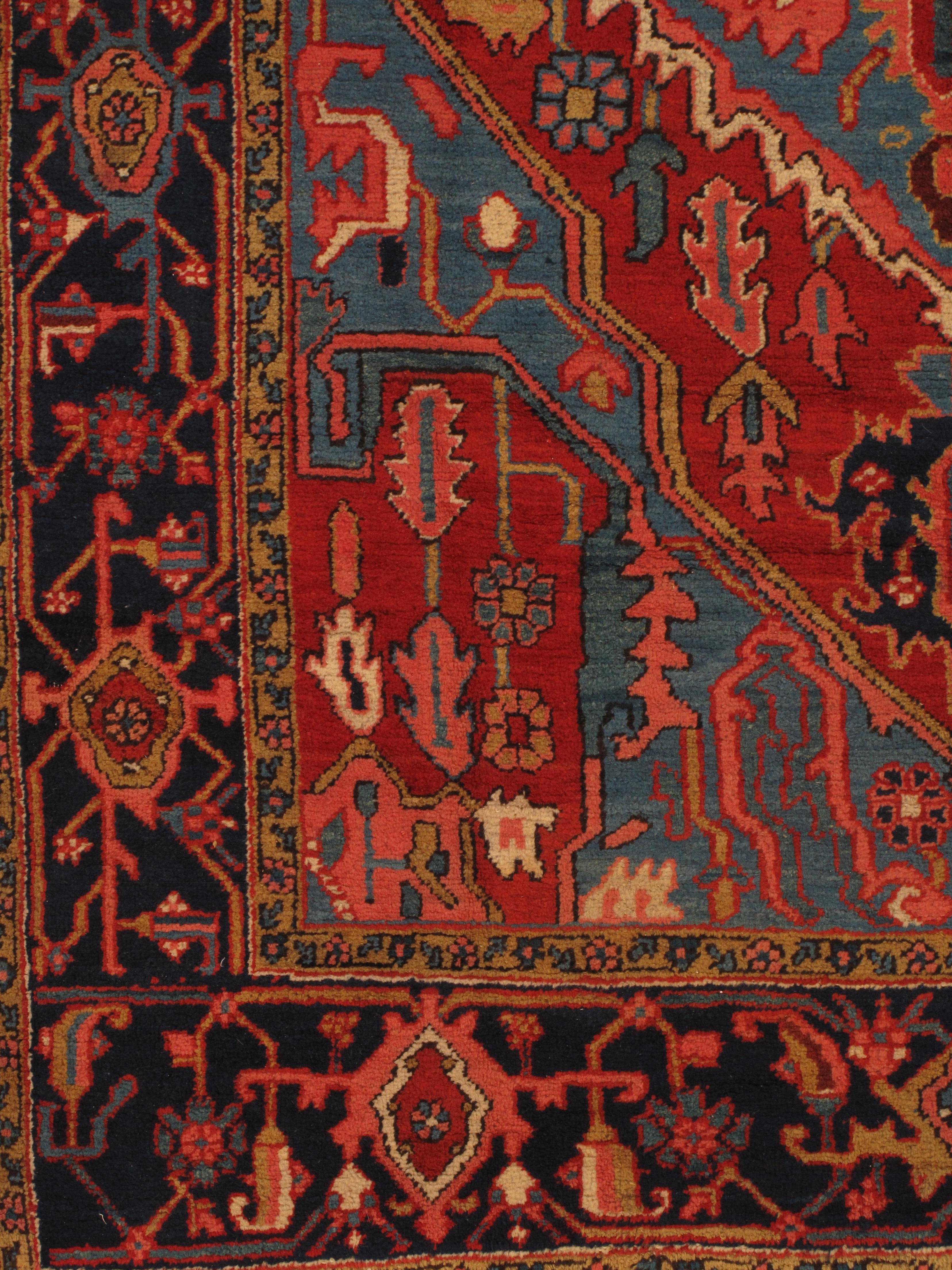 20th Century Antique Persian Serapi Carpet Handmade Wool Oriental Rug, Red, Ivory, Light Blue For Sale