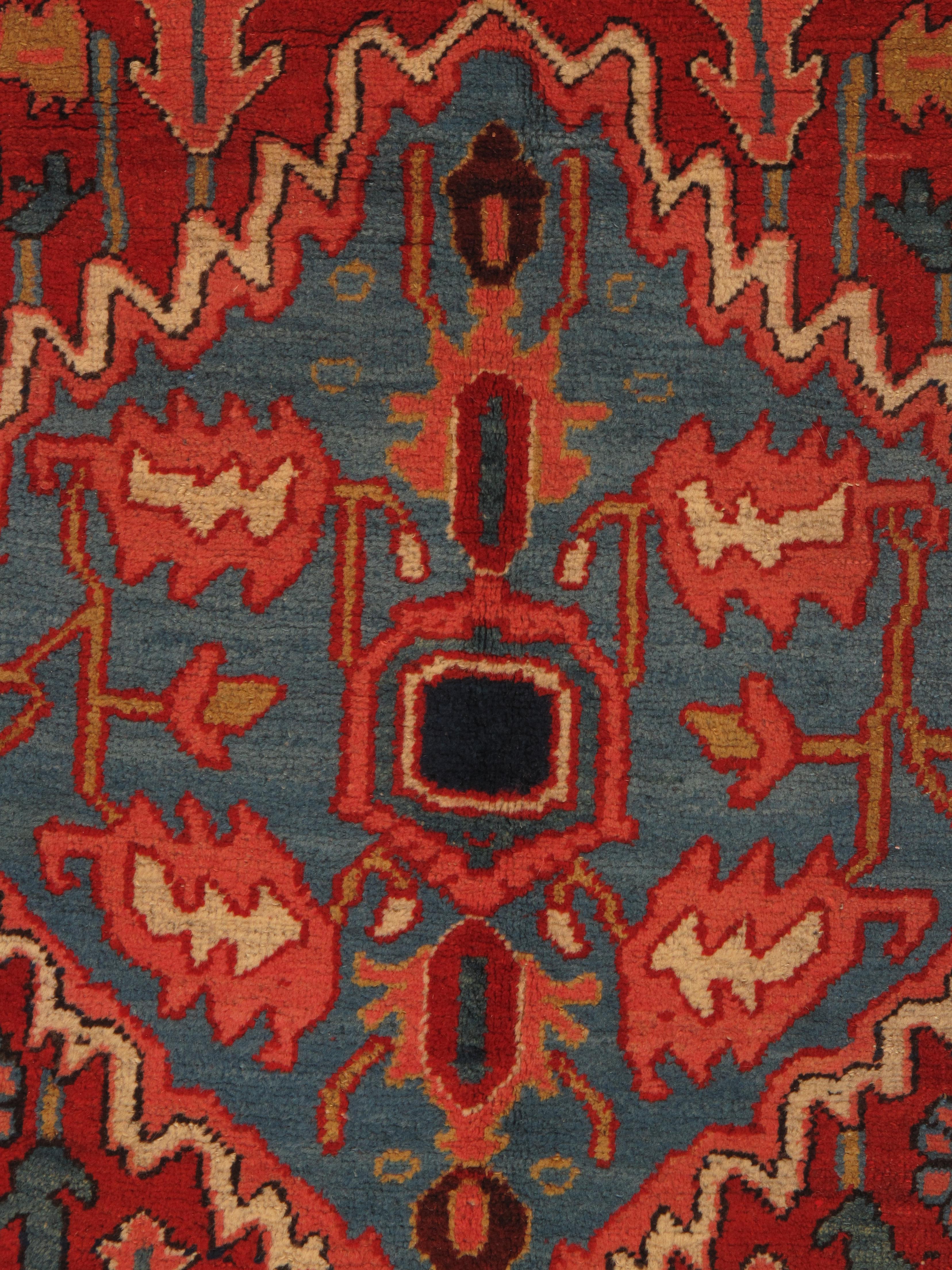 Antique Persian Serapi Carpet Handmade Wool Oriental Rug, Red, Ivory, Light Blue For Sale 2