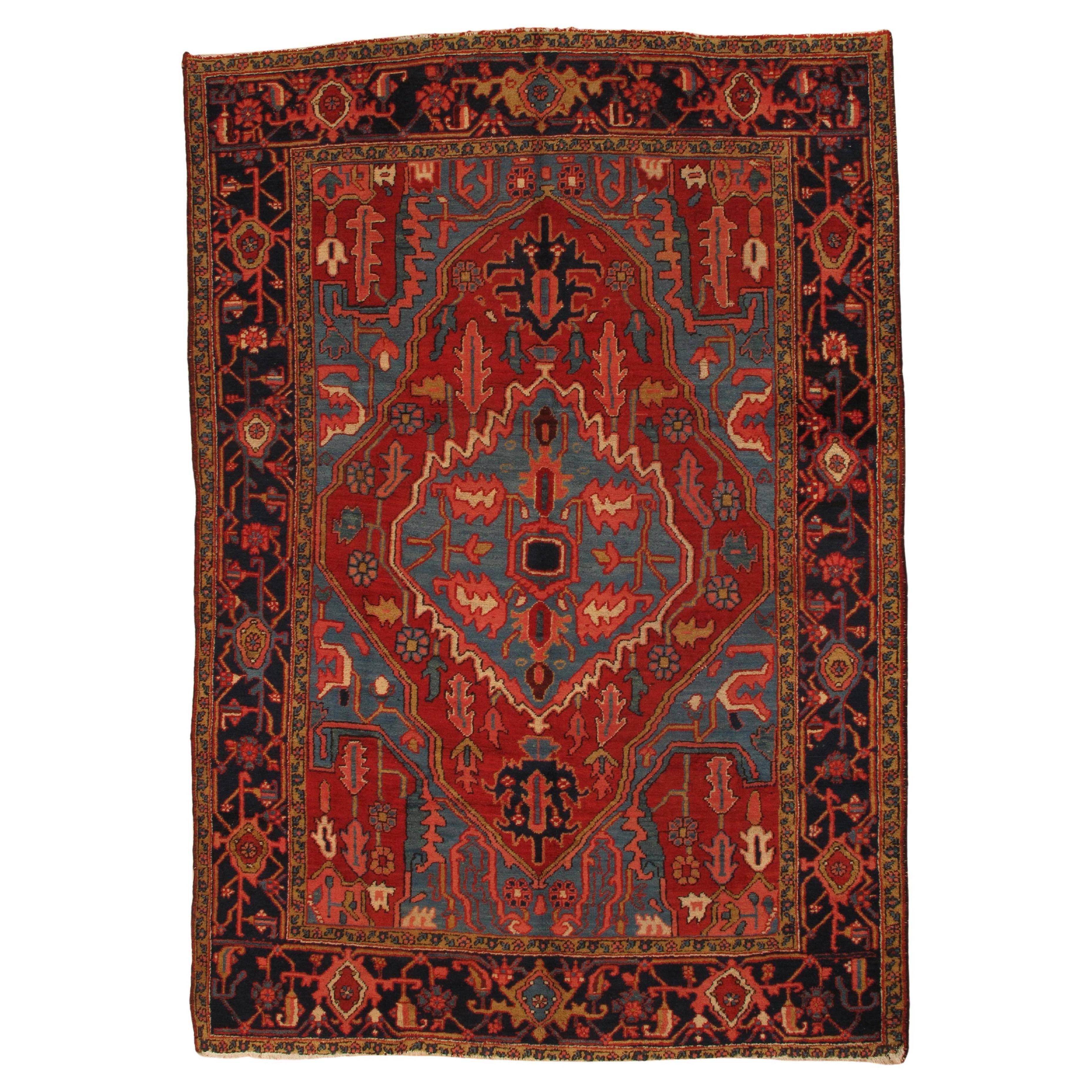 Antique Persian Serapi Carpet Handmade Wool Oriental Rug, Red, Ivory, Light Blue For Sale