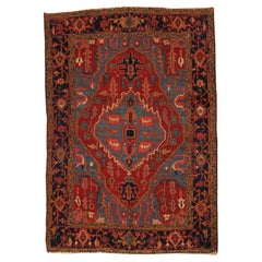 Antique Persian Serapi Carpet Handmade Wool Oriental Rug, Red, Ivory, Light Blue