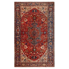 Antique Persian Serapi Carpet Handmade Wool Oriental Rug, Red, Ivory, Light Blue