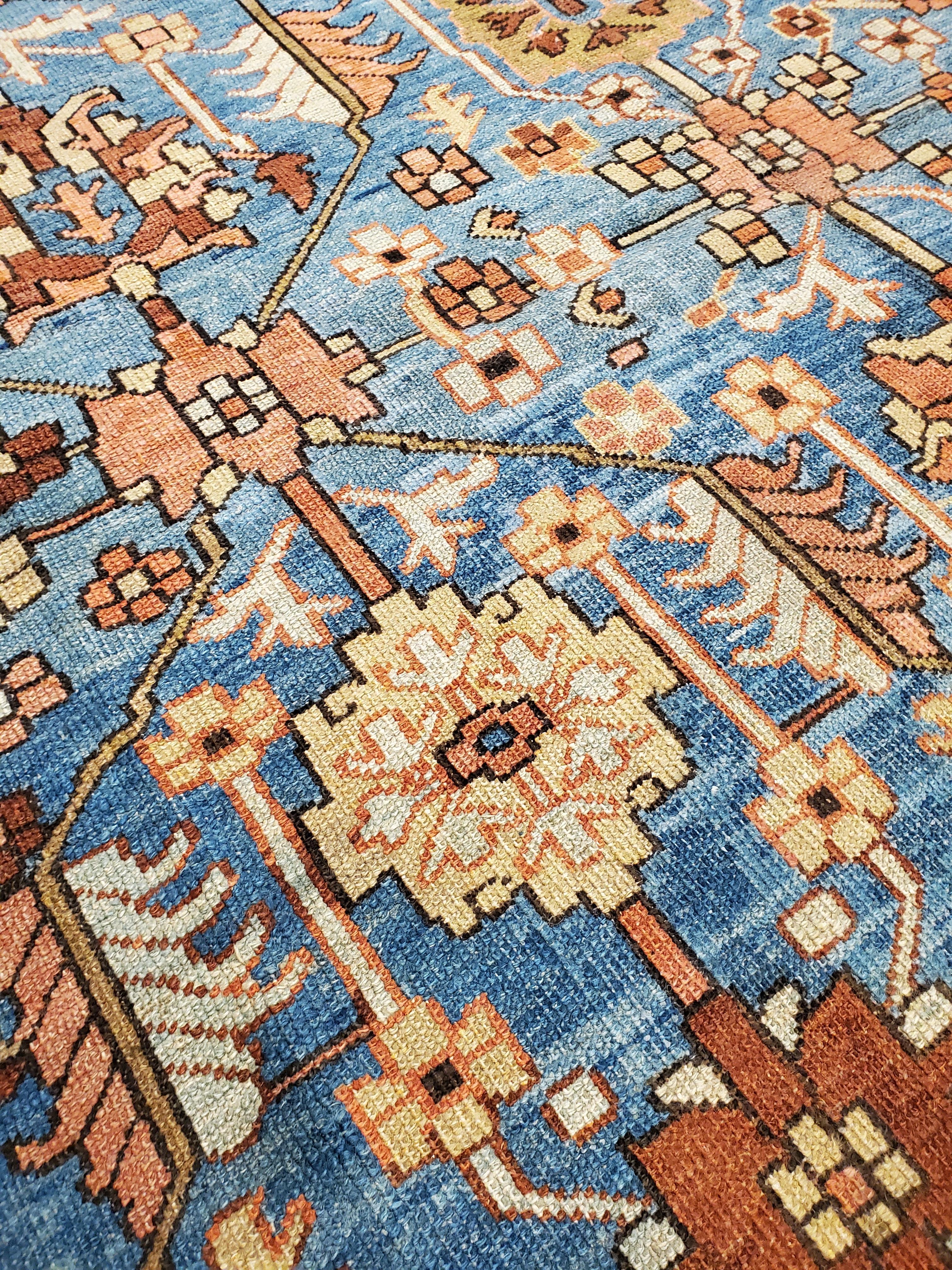 Antique Persian Serapi Carpet, Handmade Wool Oriental Rug, Rust and Light Blue 4