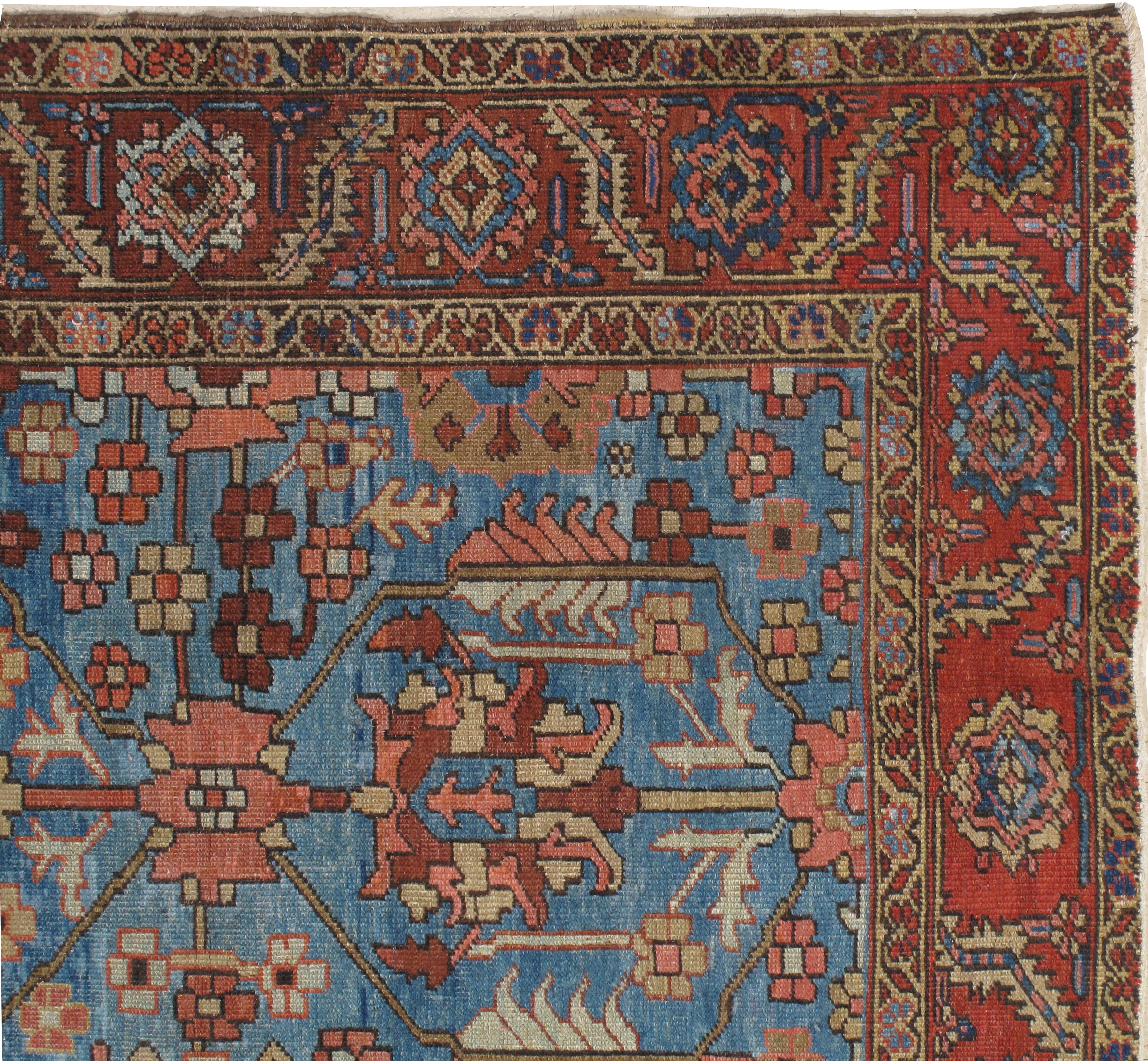 Heriz Serapi Antique Persian Serapi Carpet, Handmade Wool Oriental Rug, Rust and Light Blue