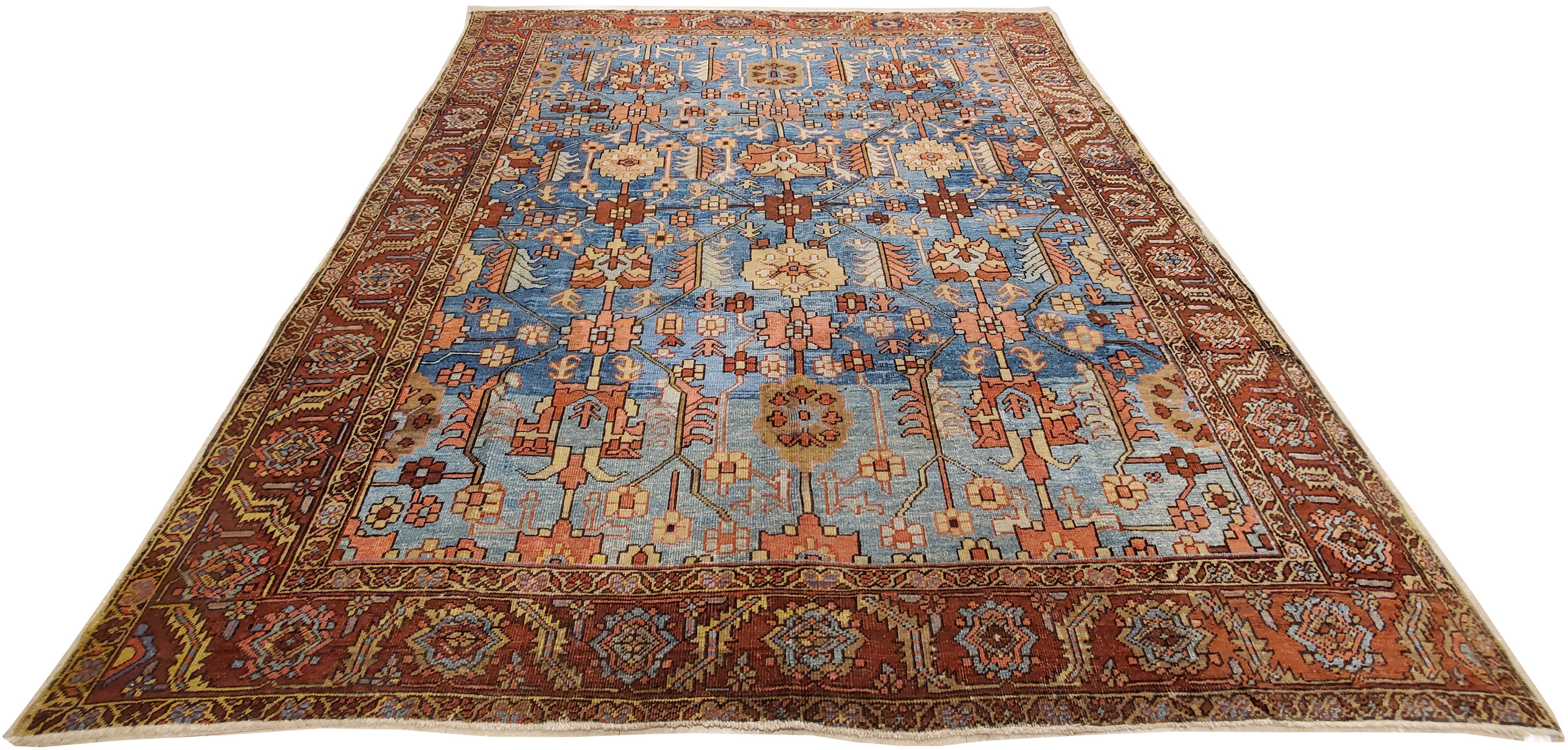 Hand-Knotted Antique Persian Serapi Carpet, Handmade Wool Oriental Rug, Rust and Light Blue