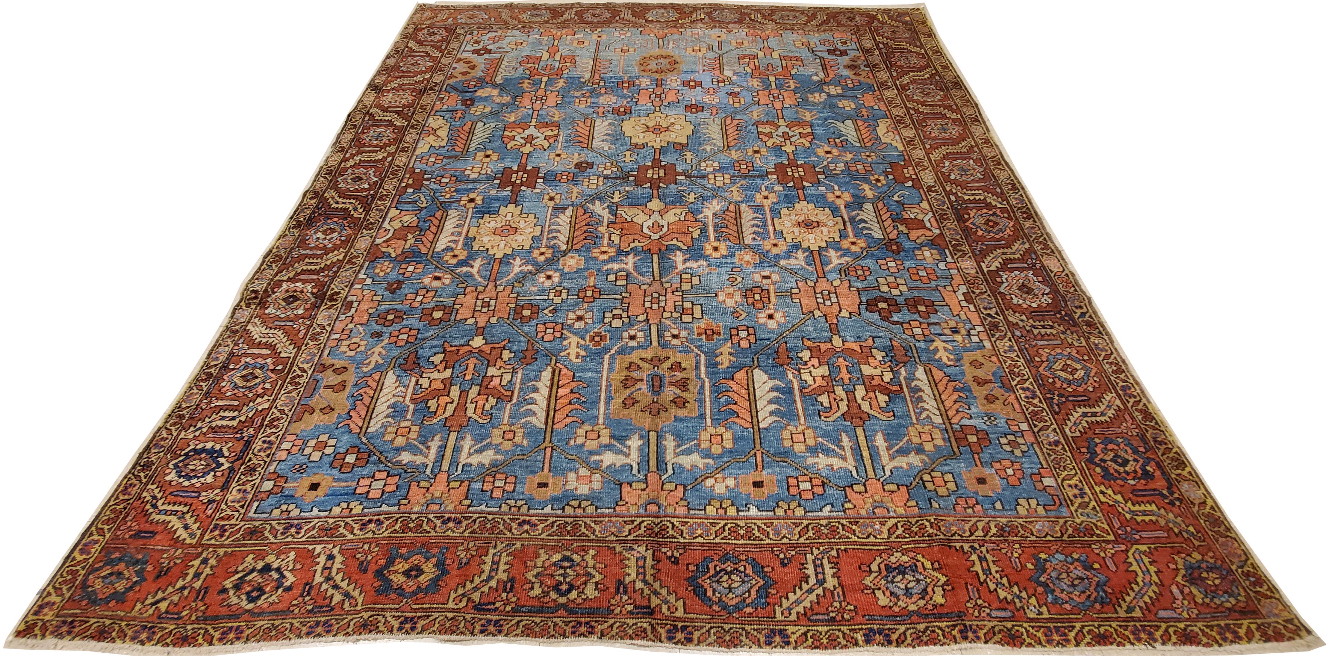 Antique Persian Serapi Carpet, Handmade Wool Oriental Rug, Rust and Light Blue In Good Condition In Port Washington, NY