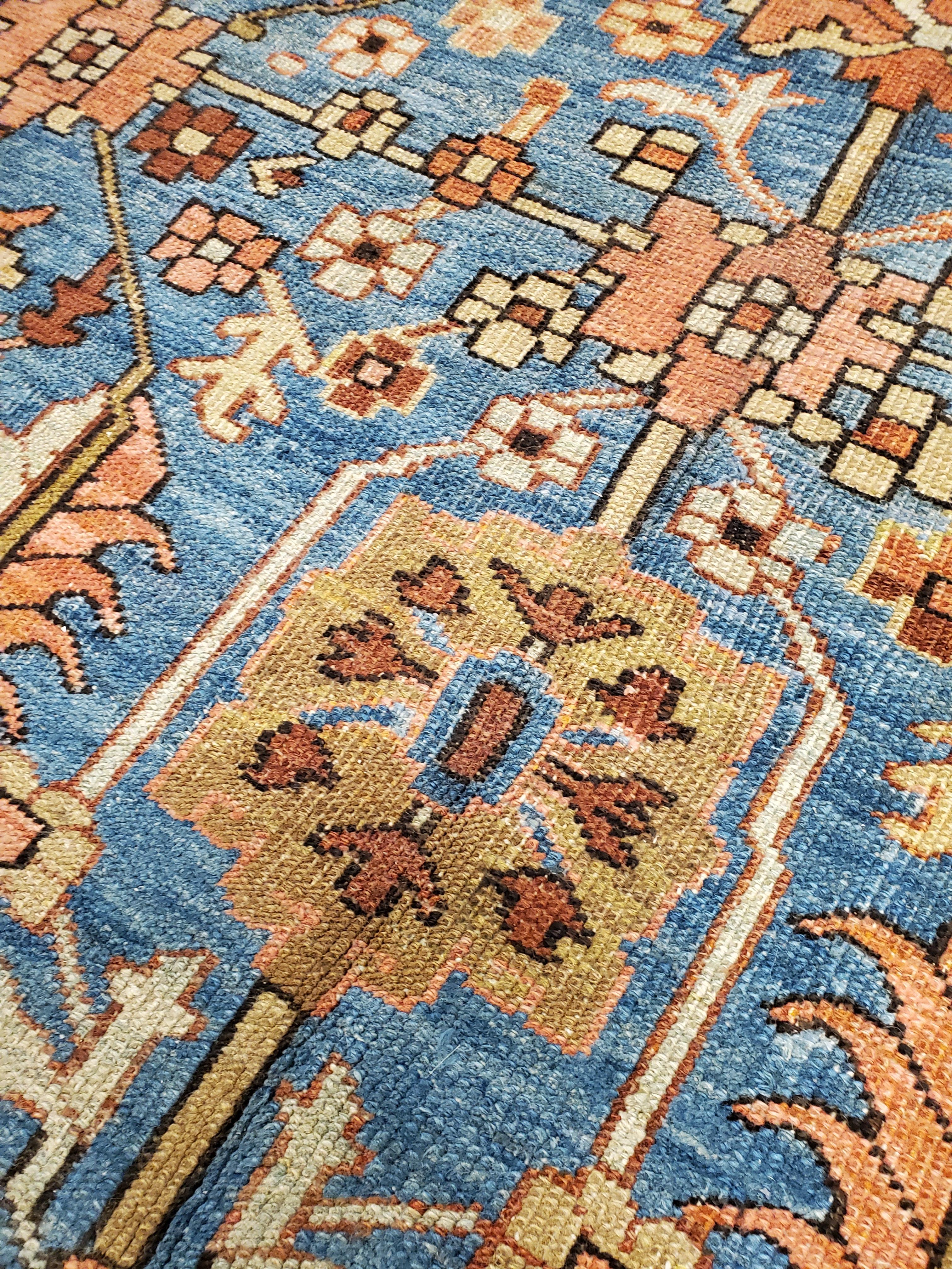 20th Century Antique Persian Serapi Carpet, Handmade Wool Oriental Rug, Rust and Light Blue