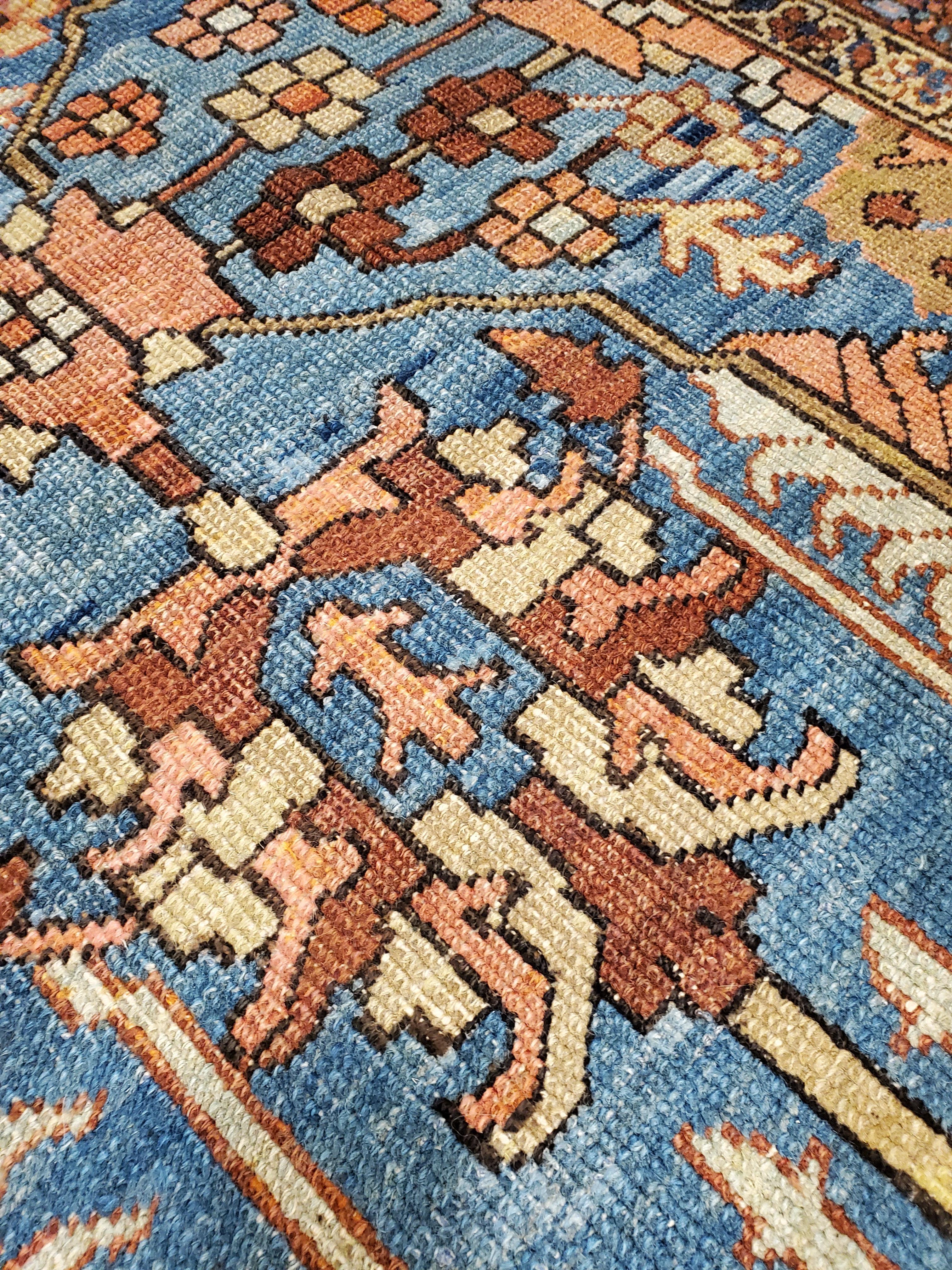 Antique Persian Serapi Carpet, Handmade Wool Oriental Rug, Rust and Light Blue 1