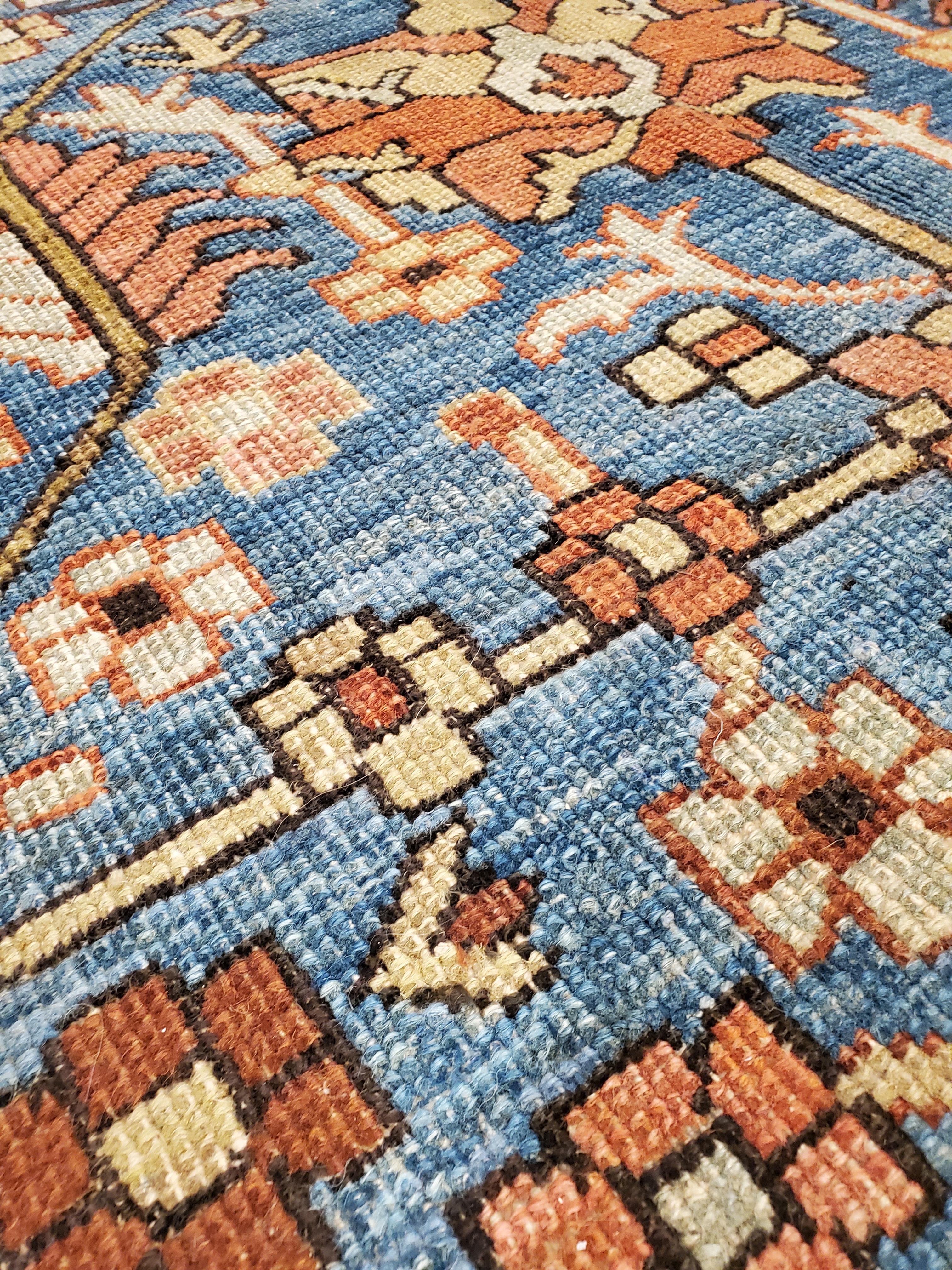 Antique Persian Serapi Carpet, Handmade Wool Oriental Rug, Rust and Light Blue 2