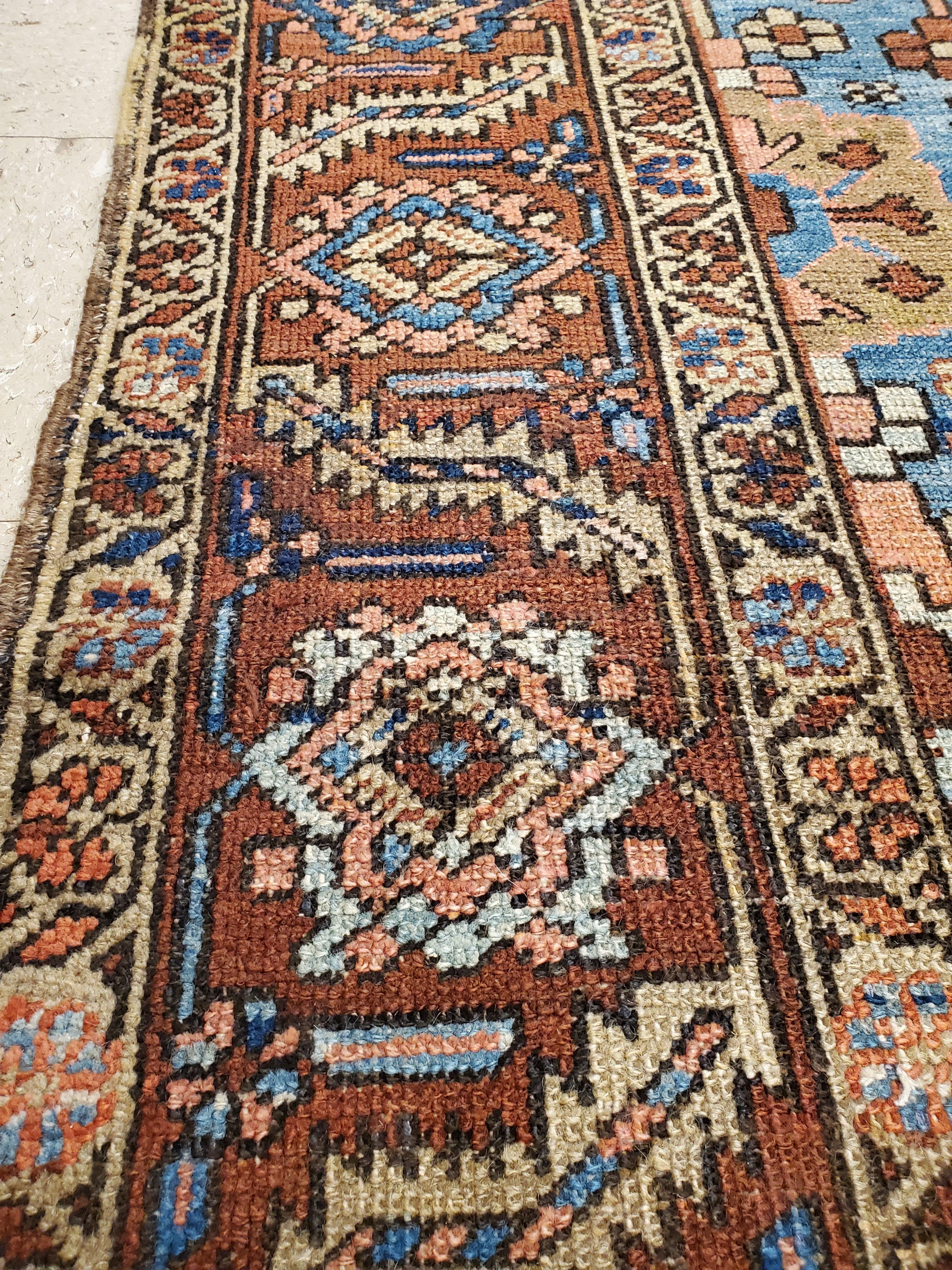 Antique Persian Serapi Carpet, Handmade Wool Oriental Rug, Rust and Light Blue 3