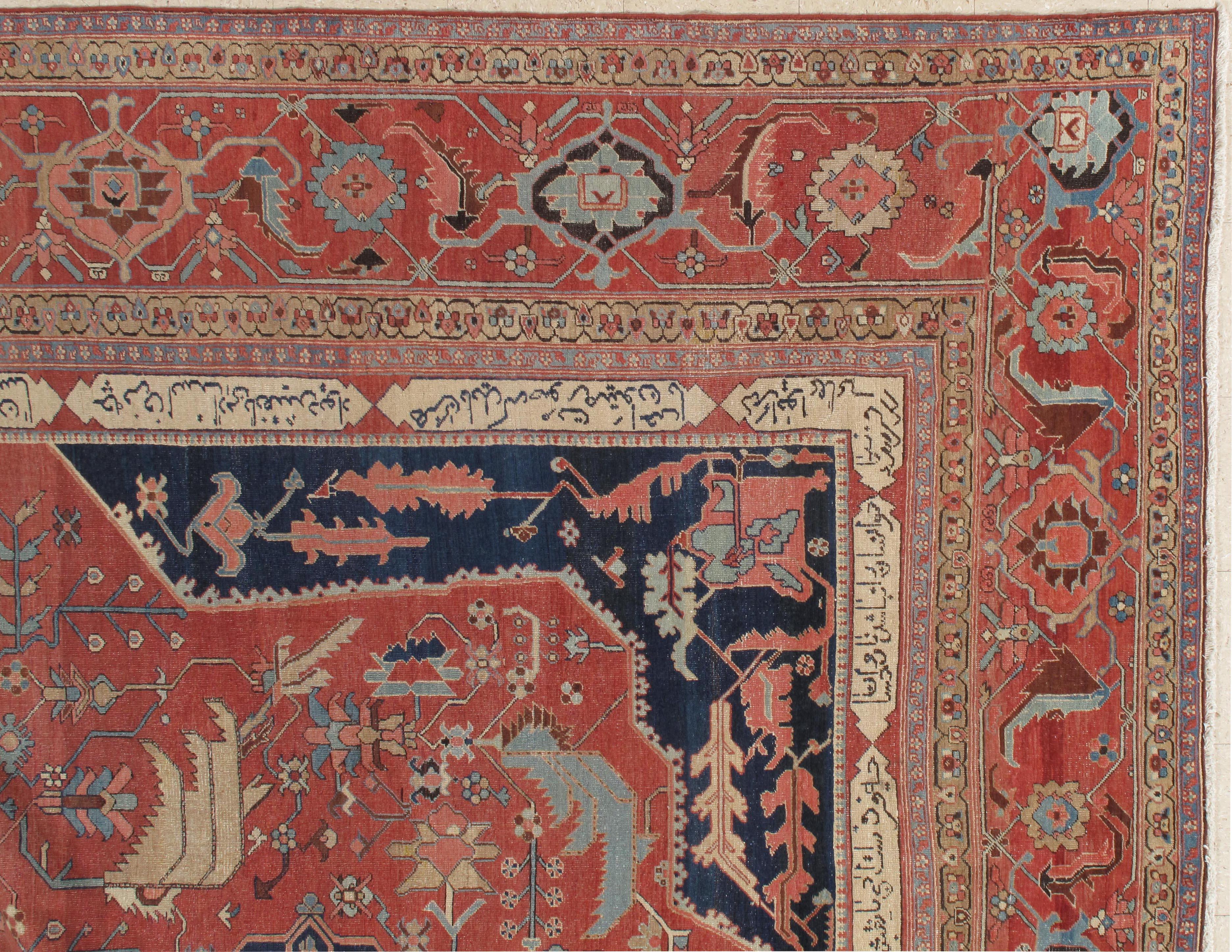Hand-Knotted Antique Persian Serapi Carpet, Handmade Wool Oriental Rug, Rust, Ivory and Blue For Sale