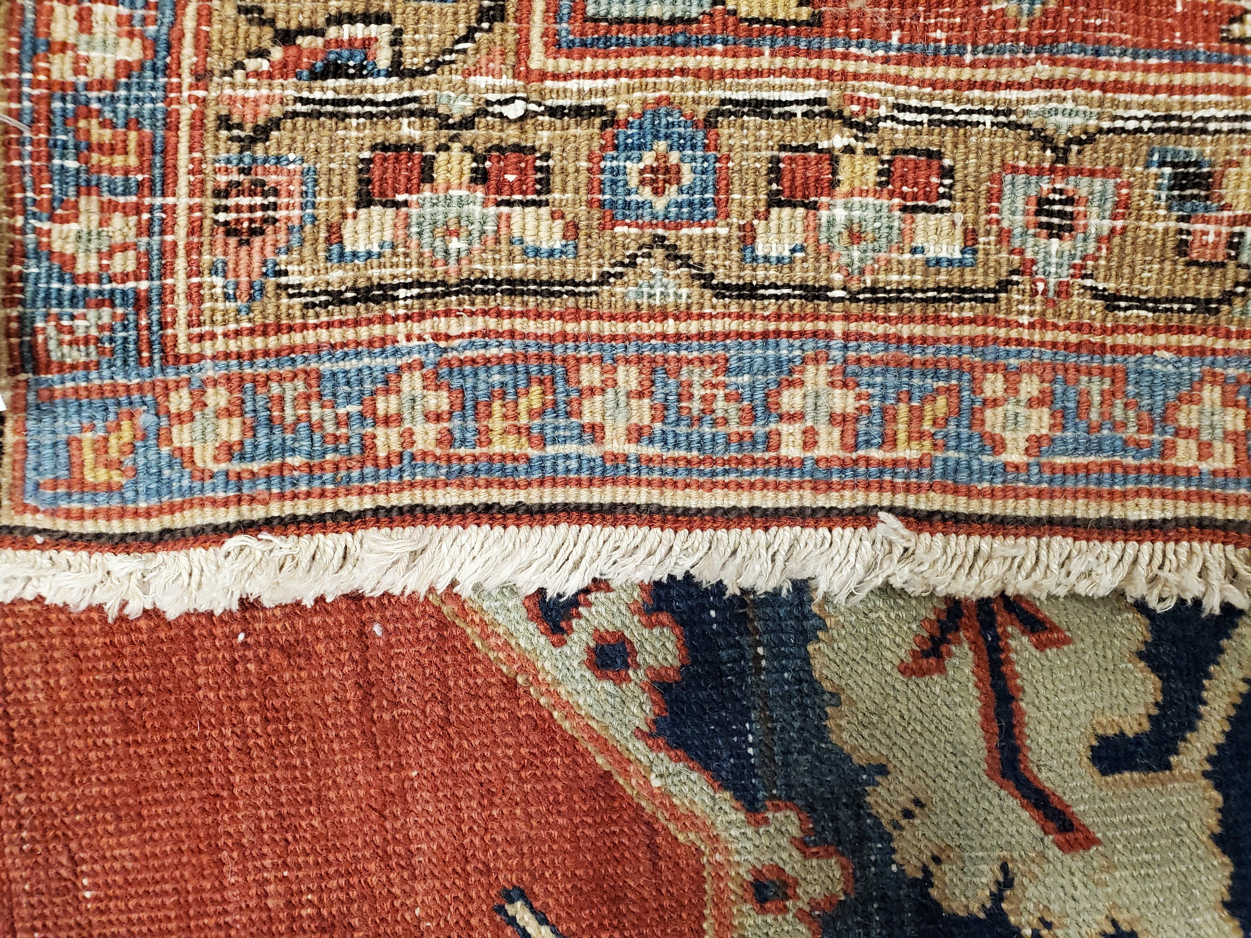 Antique Persian Serapi Carpet, Handmade Wool Oriental Rug, Rust, Ivory and Blue In Good Condition For Sale In Port Washington, NY