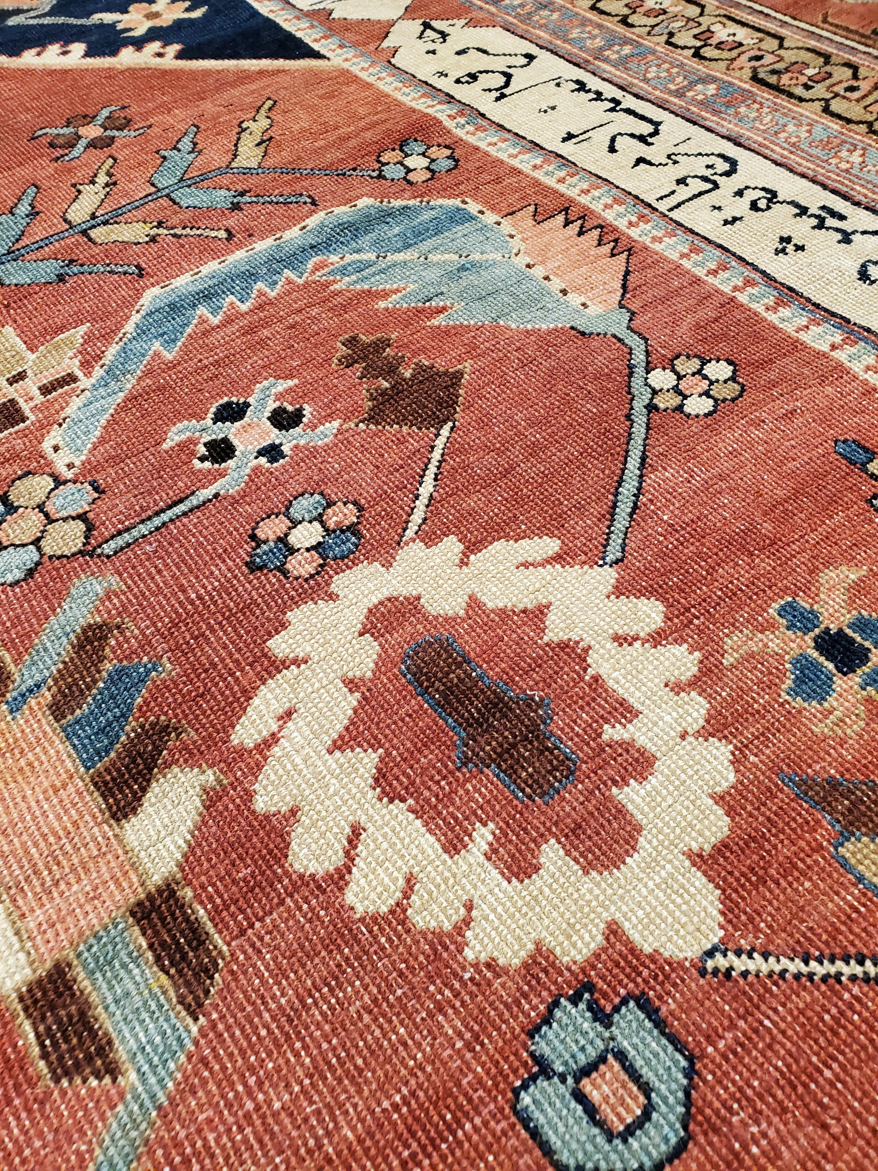 19th Century Antique Persian Serapi Carpet, Handmade Wool Oriental Rug, Rust, Ivory and Blue For Sale