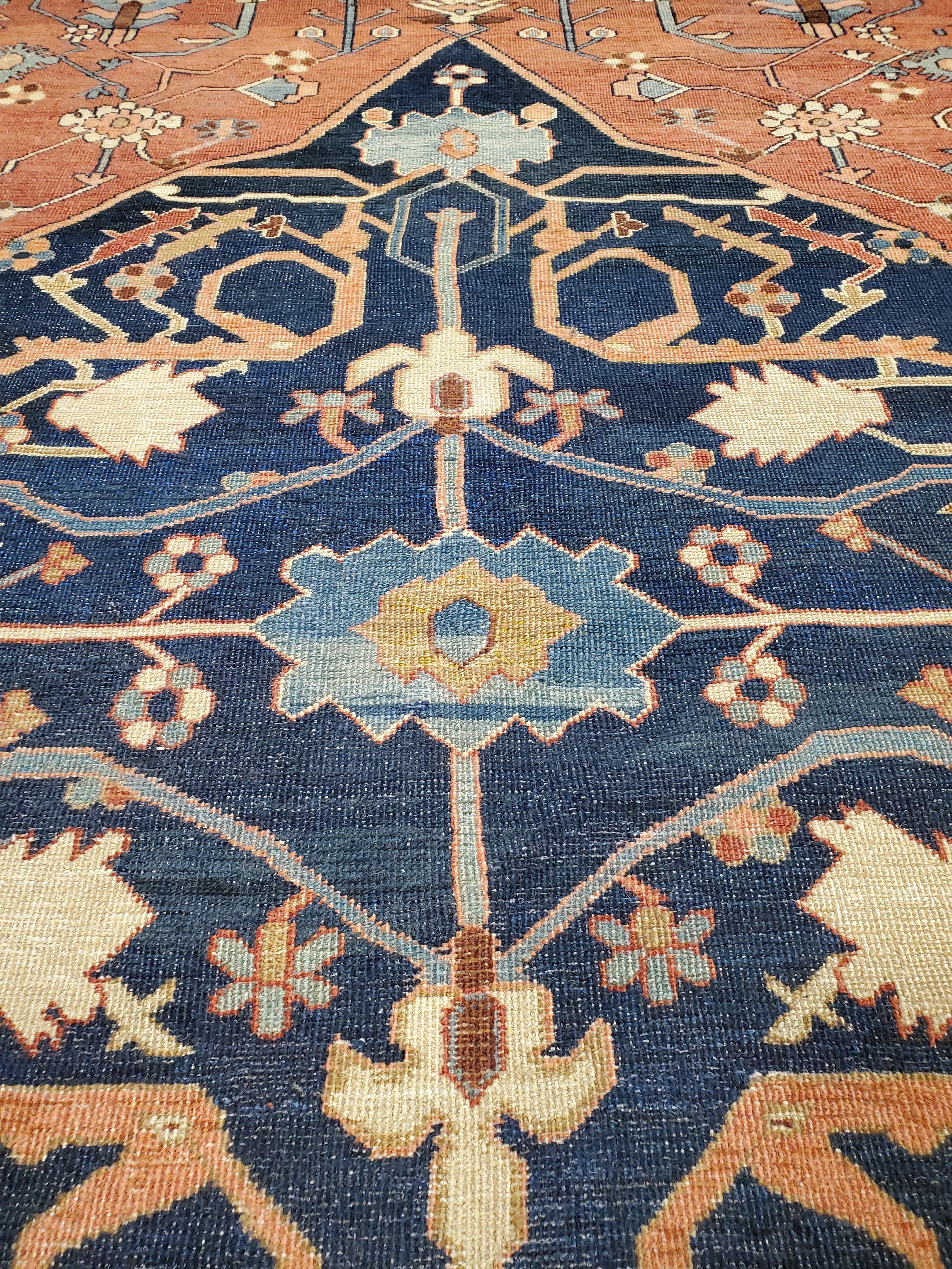 Antique Persian Serapi Carpet, Handmade Wool Oriental Rug, Rust, Ivory and Blue For Sale 1