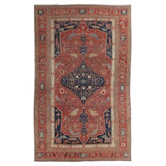 Antique Persian Serapi Carpet, Handmade Wool Oriental Rug, Rust, Ivory and Blue