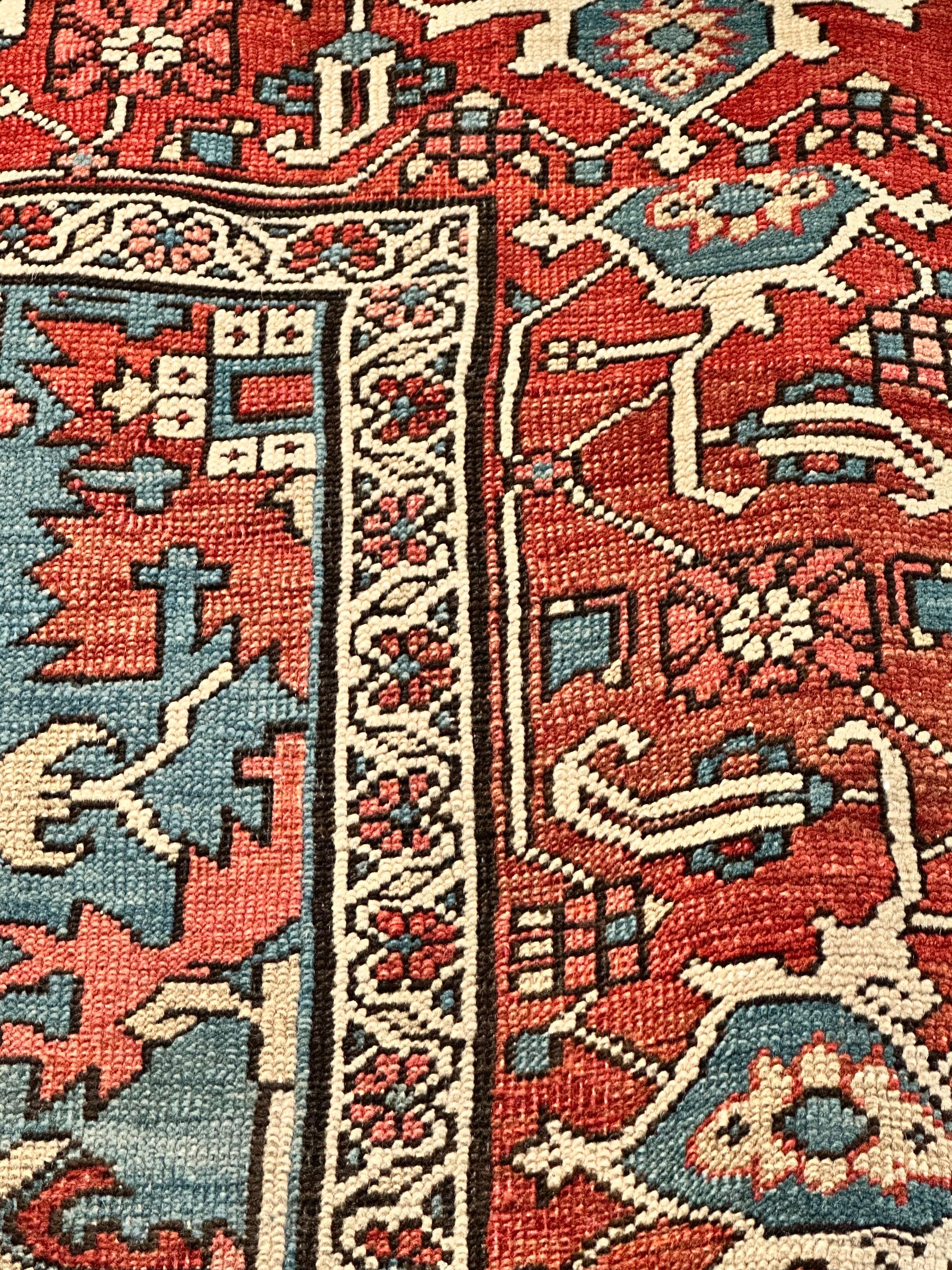Antique Persian Serapi Carpet Handmade Wool Oriental Rug Rust, Ivory, Light Blue For Sale 4