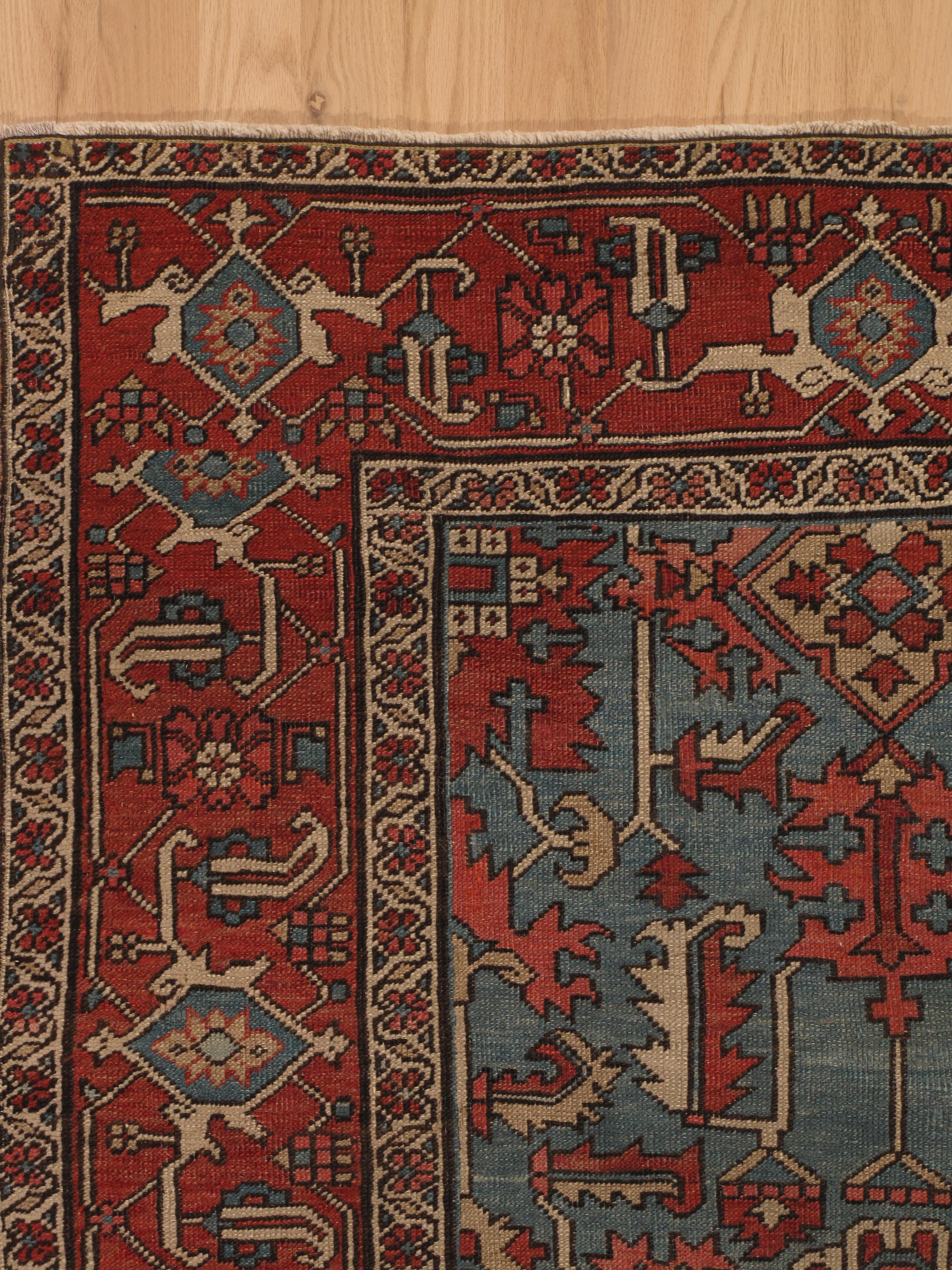 Heriz Serapi Antique Persian Serapi Carpet Handmade Wool Oriental Rug Rust, Ivory, Light Blue For Sale