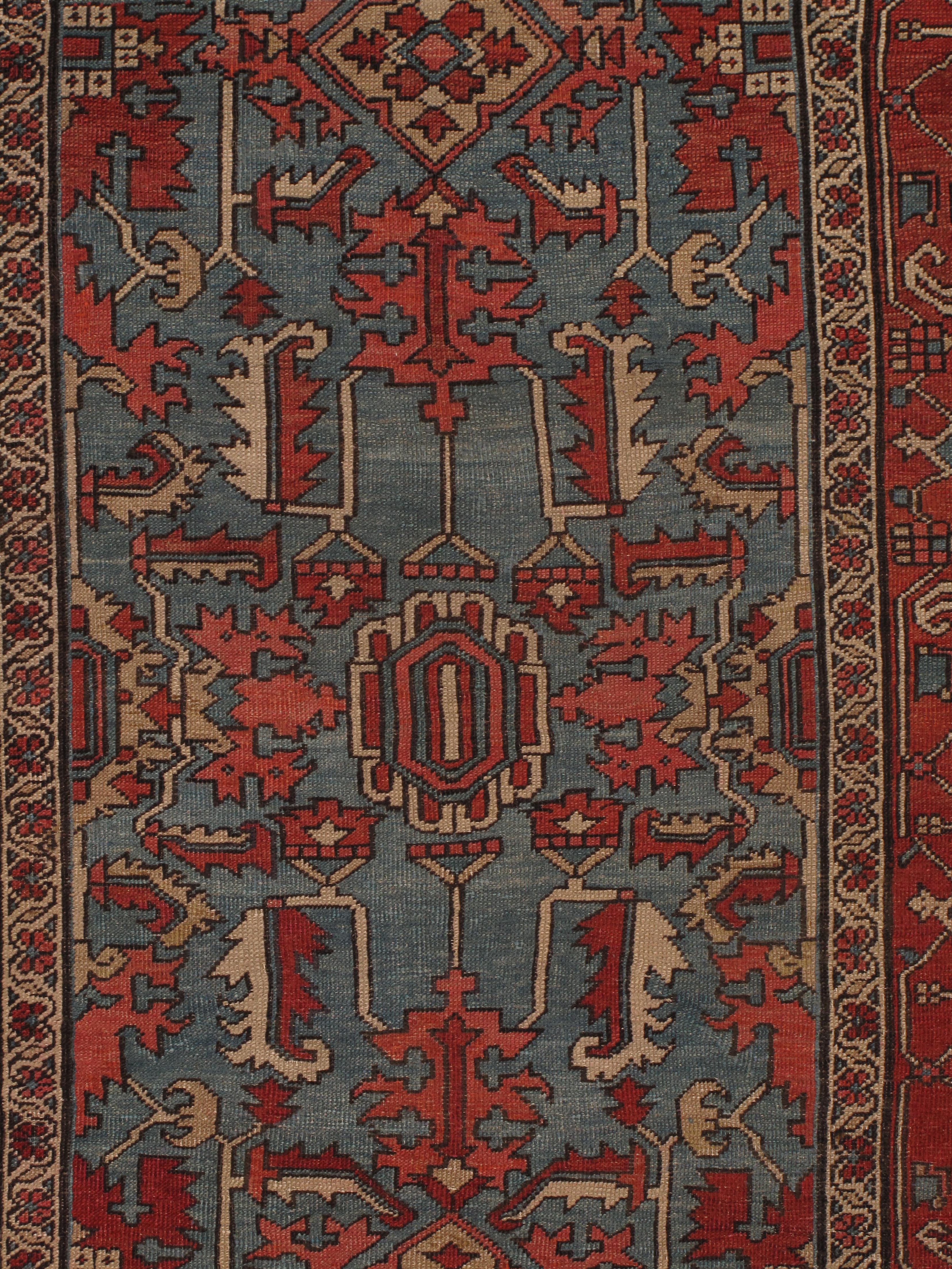 19th Century Antique Persian Serapi Carpet Handmade Wool Oriental Rug Rust, Ivory, Light Blue For Sale