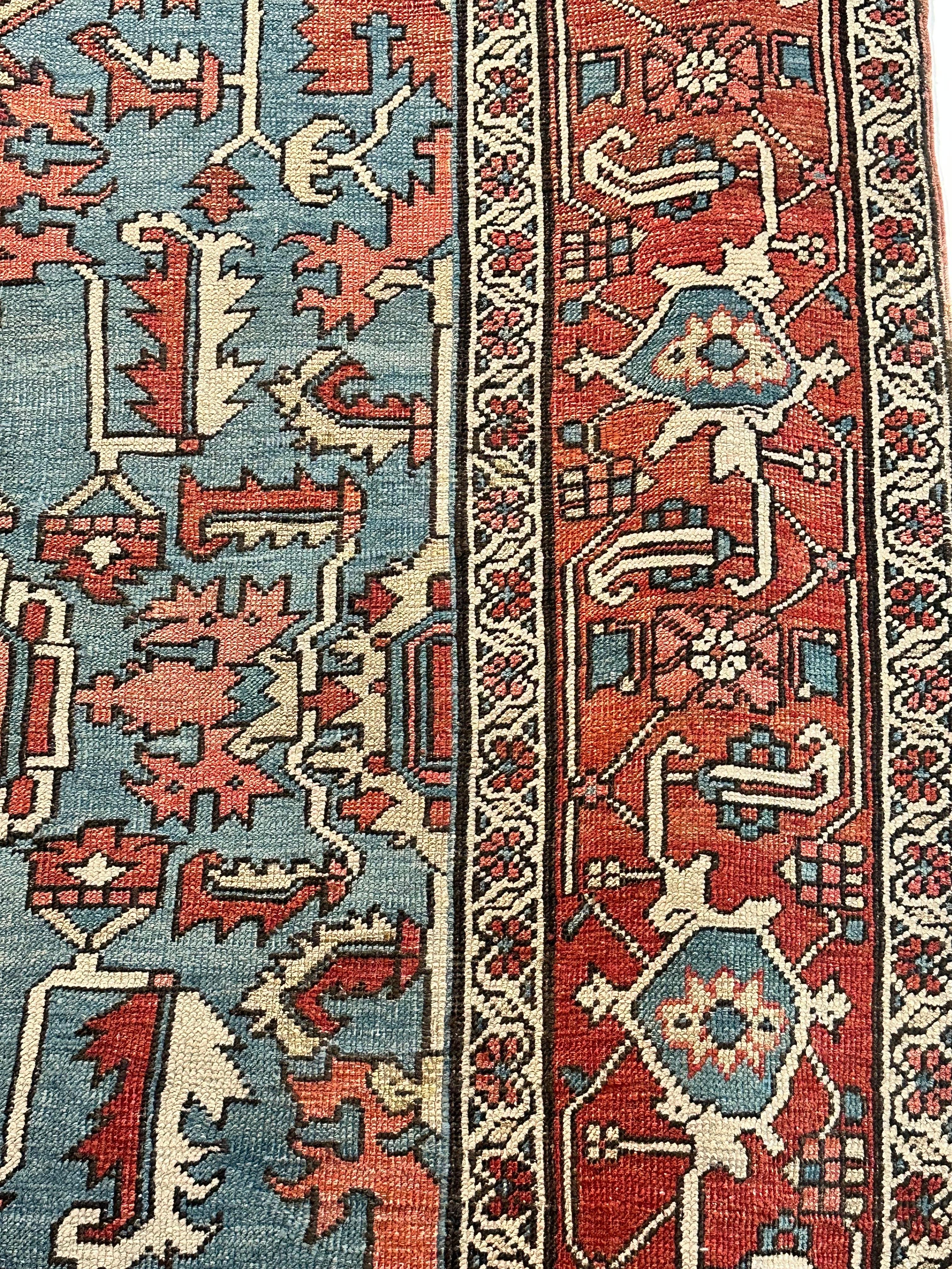 Antique Persian Serapi Carpet Handmade Wool Oriental Rug Rust, Ivory, Light Blue For Sale 1