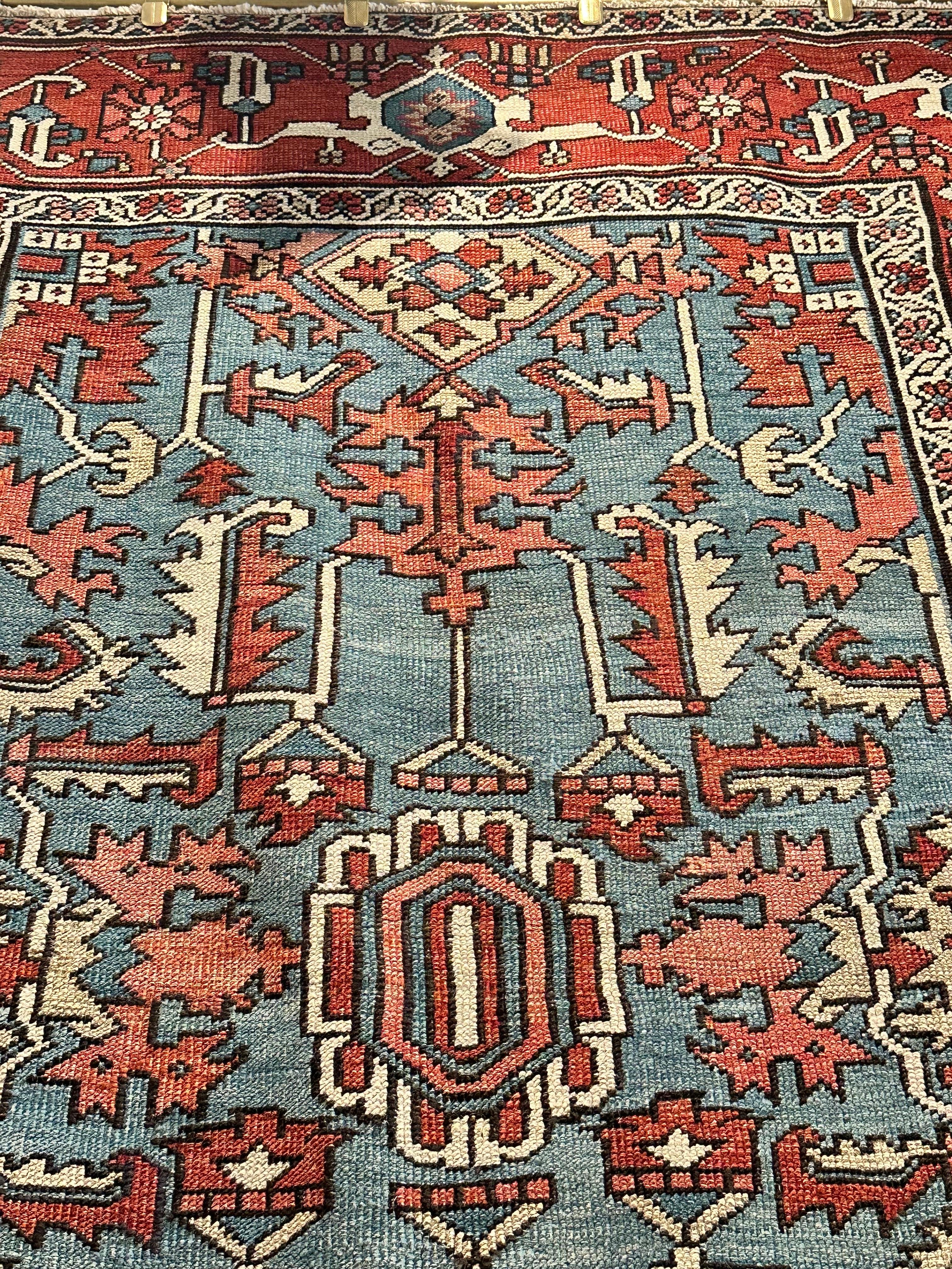 Antique Persian Serapi Carpet Handmade Wool Oriental Rug Rust, Ivory, Light Blue For Sale 2