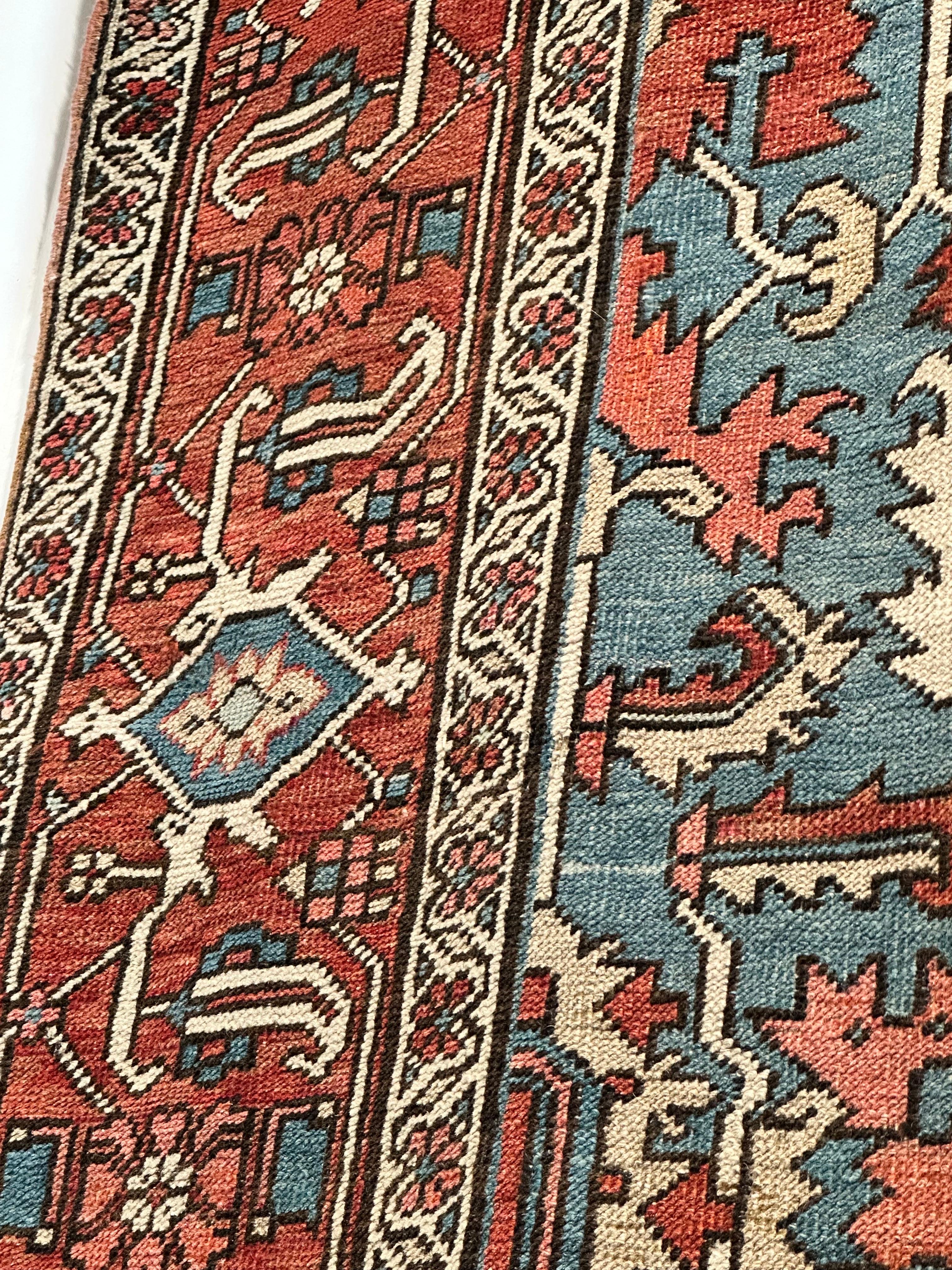 Antique Persian Serapi Carpet Handmade Wool Oriental Rug Rust, Ivory, Light Blue For Sale 3