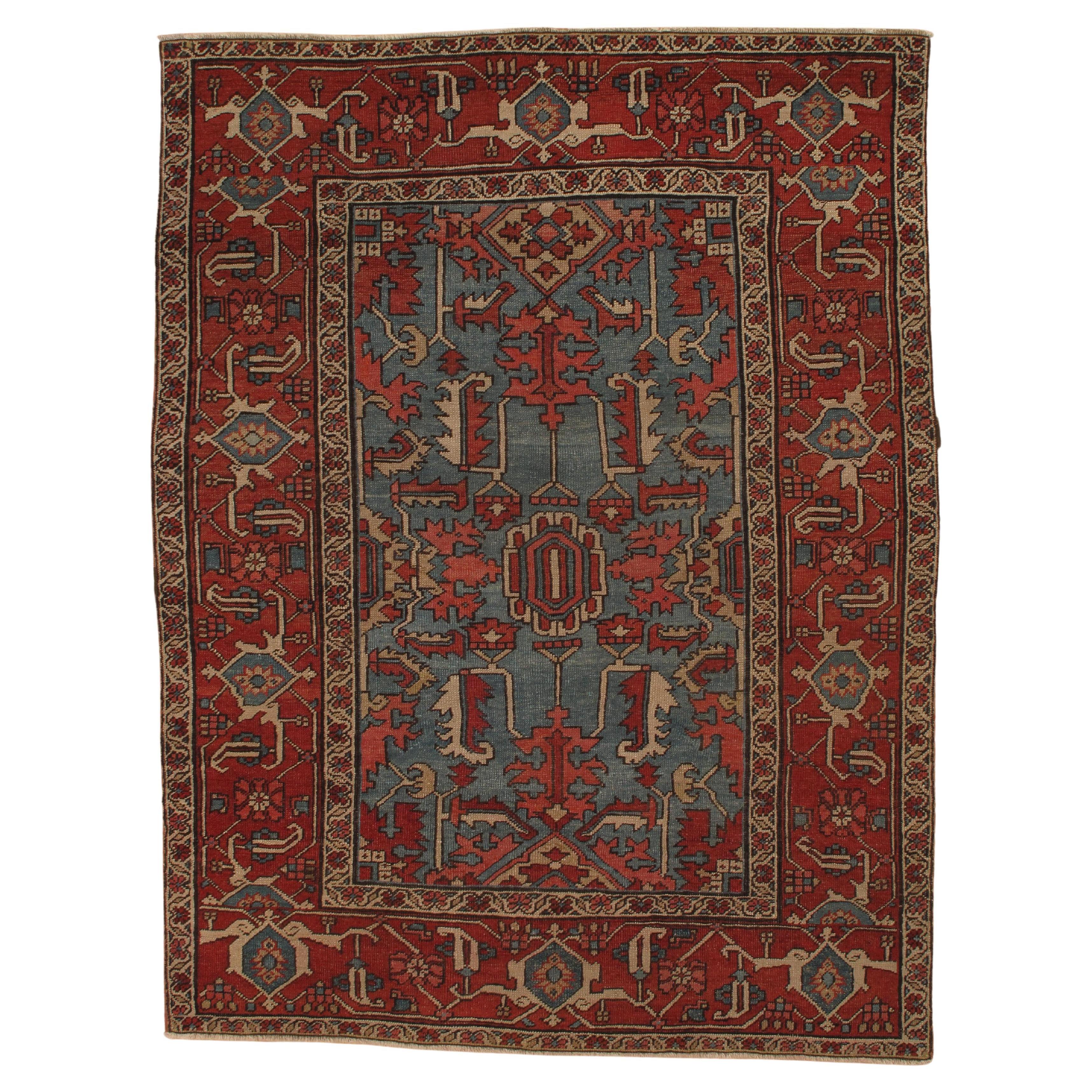 Antique Persian Serapi Carpet Handmade Wool Oriental Rug Rust, Ivory, Light Blue For Sale