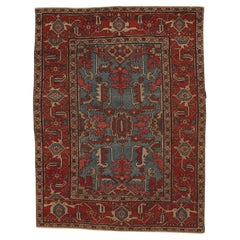 Antique Persian Serapi Carpet Handmade Wool Oriental Rug Rust, Ivory, Light Blue