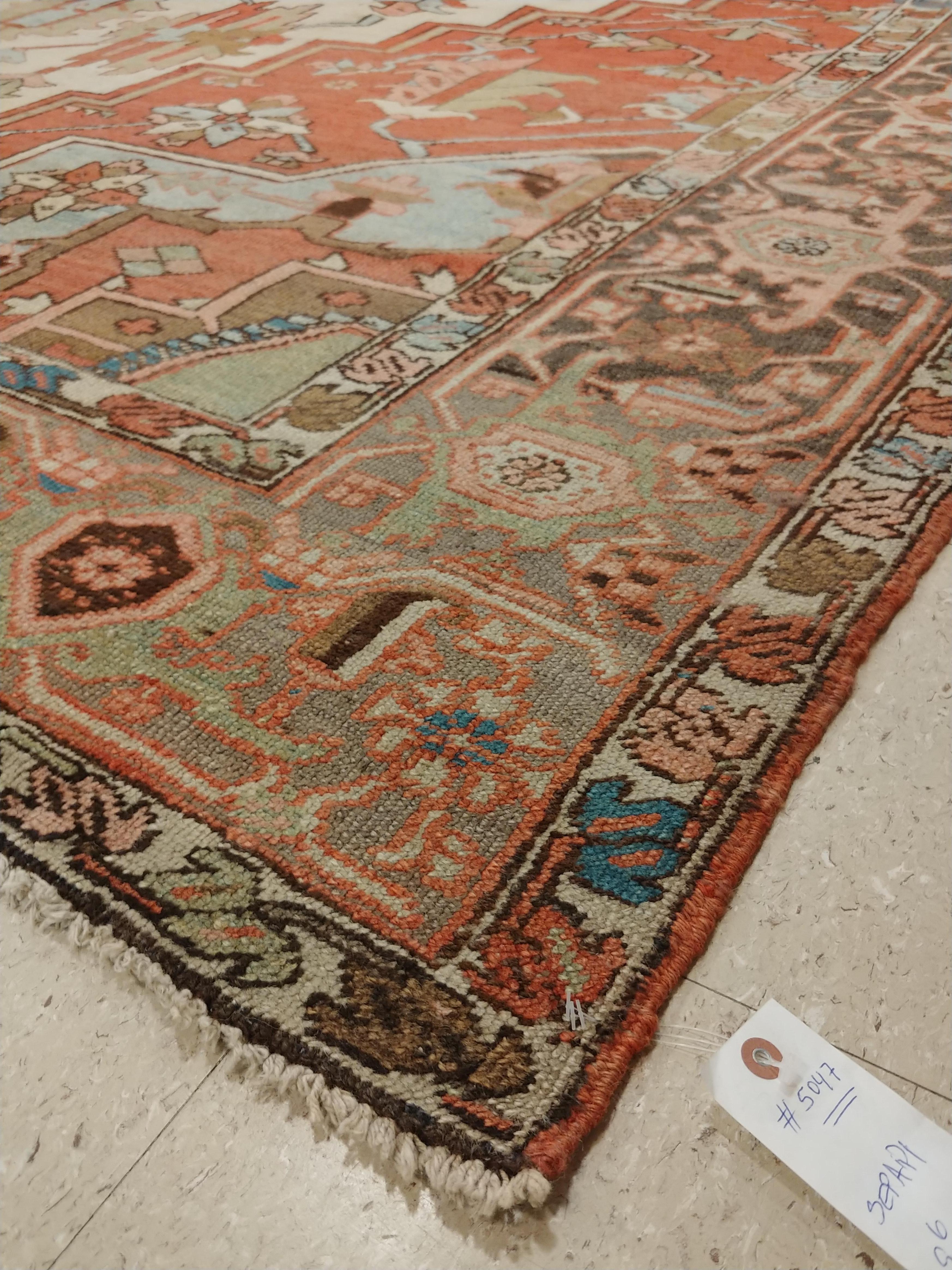 Hand-Knotted Antique Persian Serapi Carpet, Handmade Wool Oriental Rug, Rust, Ivory, Lit Blue For Sale