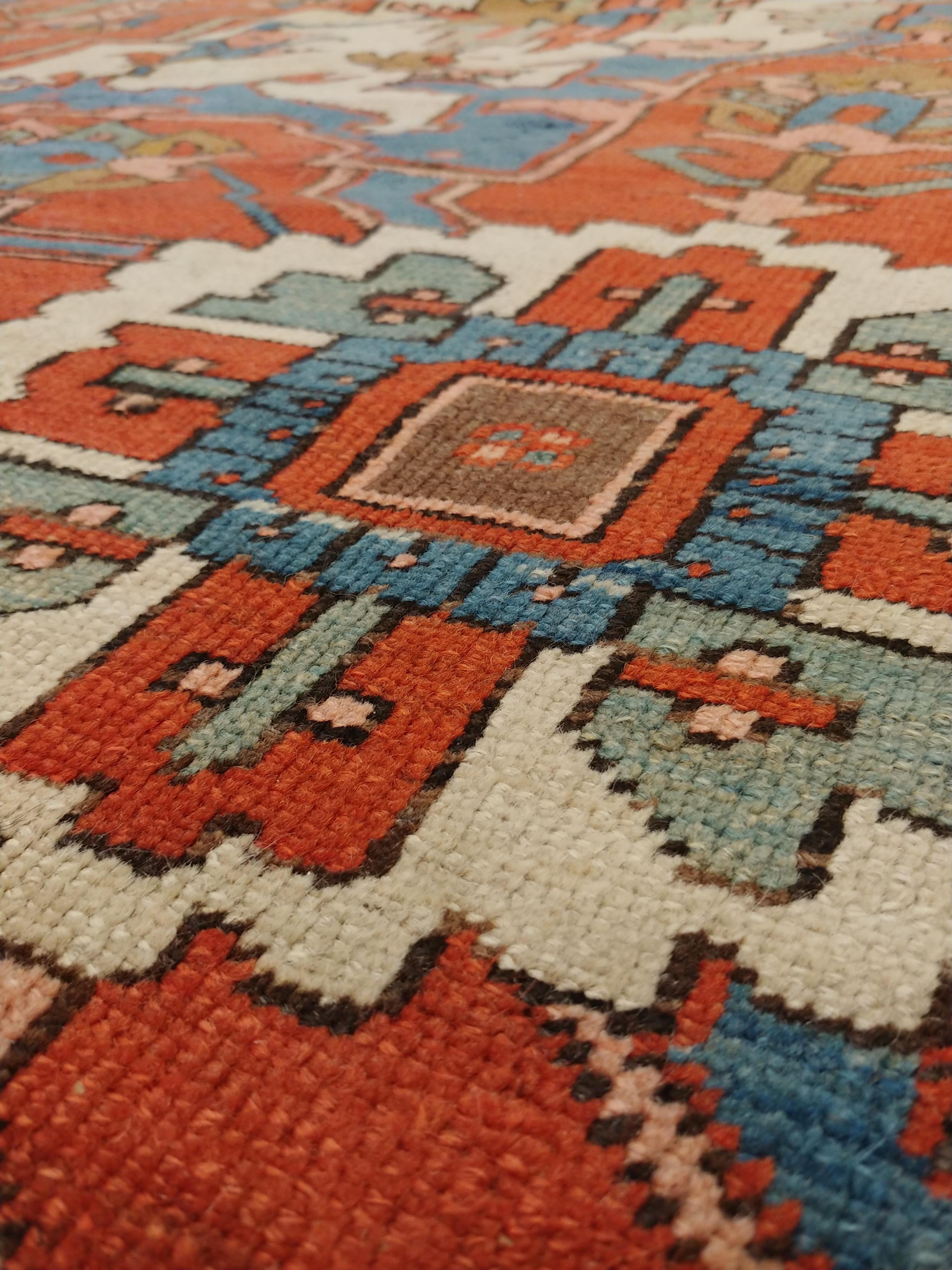 Antique Persian Serapi Carpet, Handmade Wool Oriental Rug, Rust, Ivory, Lit Blue For Sale 1