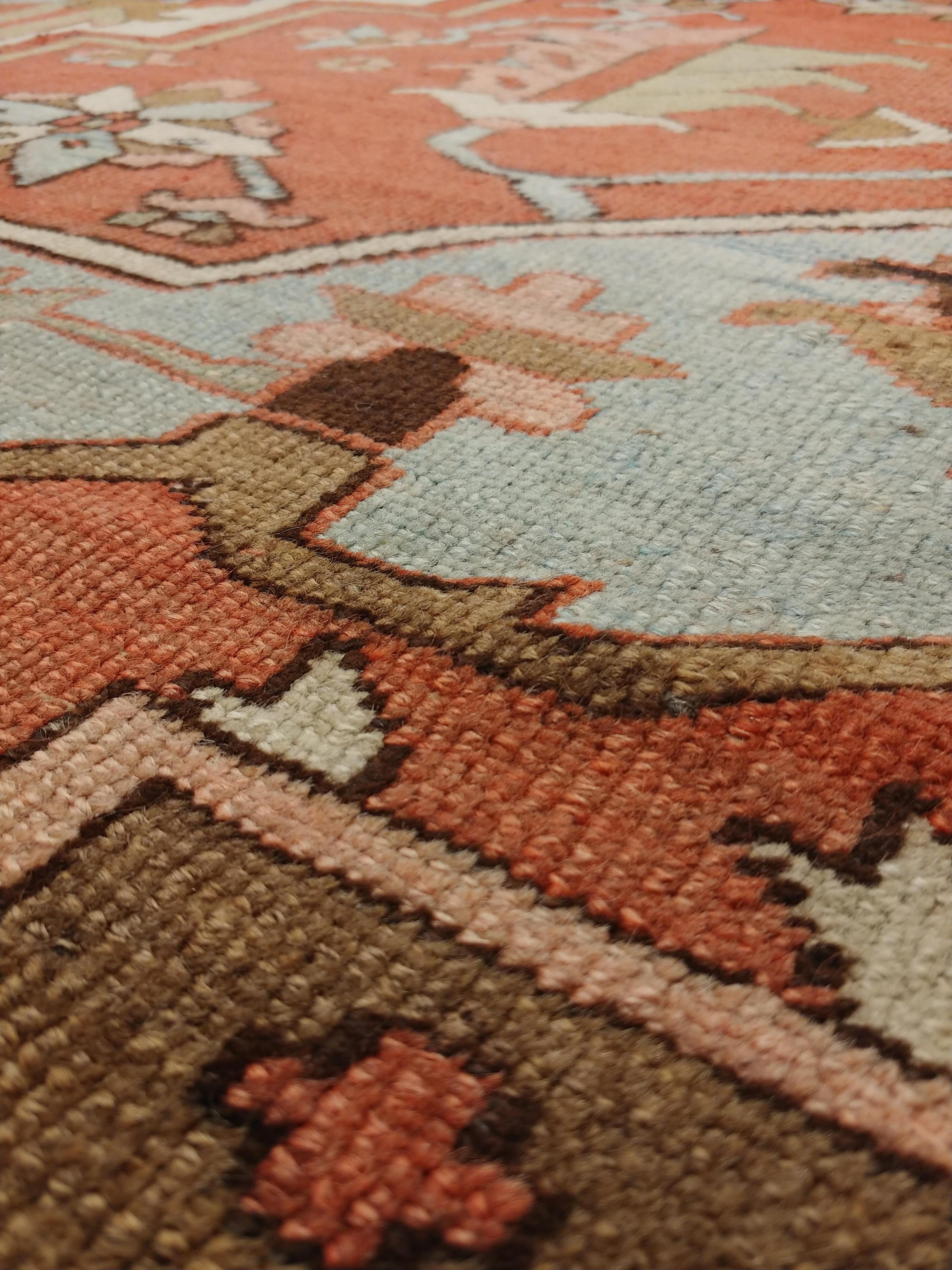 Antique Persian Serapi Carpet, Handmade Wool Oriental Rug, Rust, Ivory, Lit Blue For Sale 2