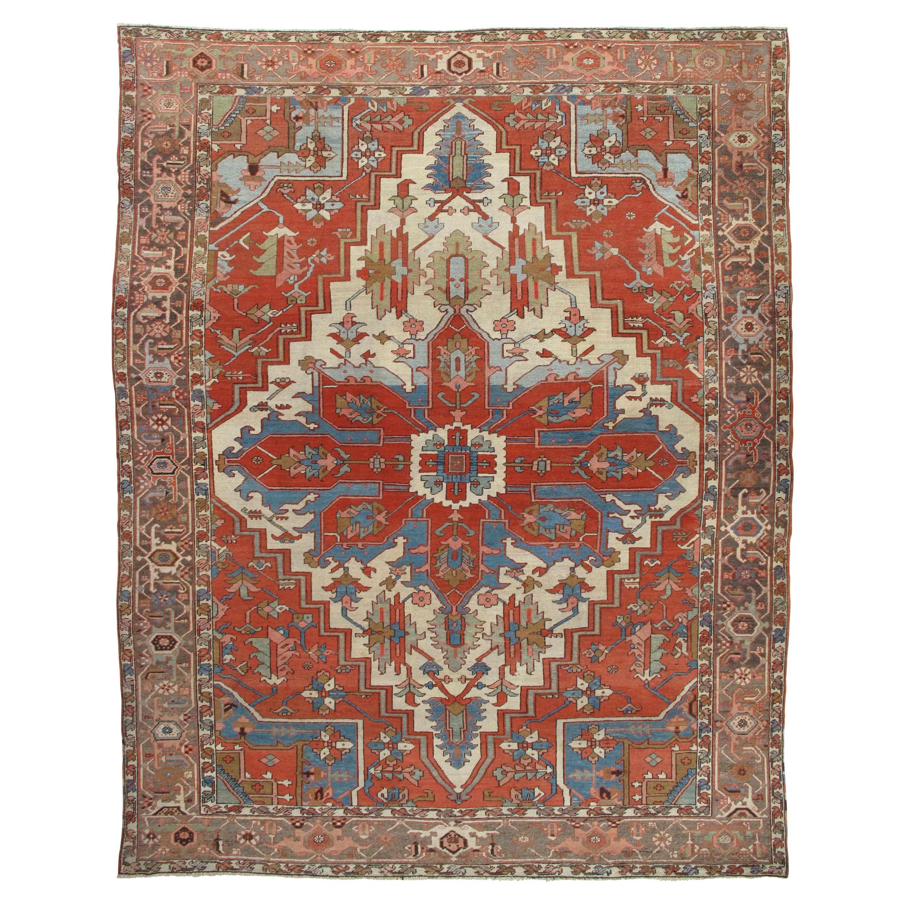 Antigua Alfombra Persa Serapi, Alfombra oriental de lana hecha a mano, óxido, marfil, azul iluminado