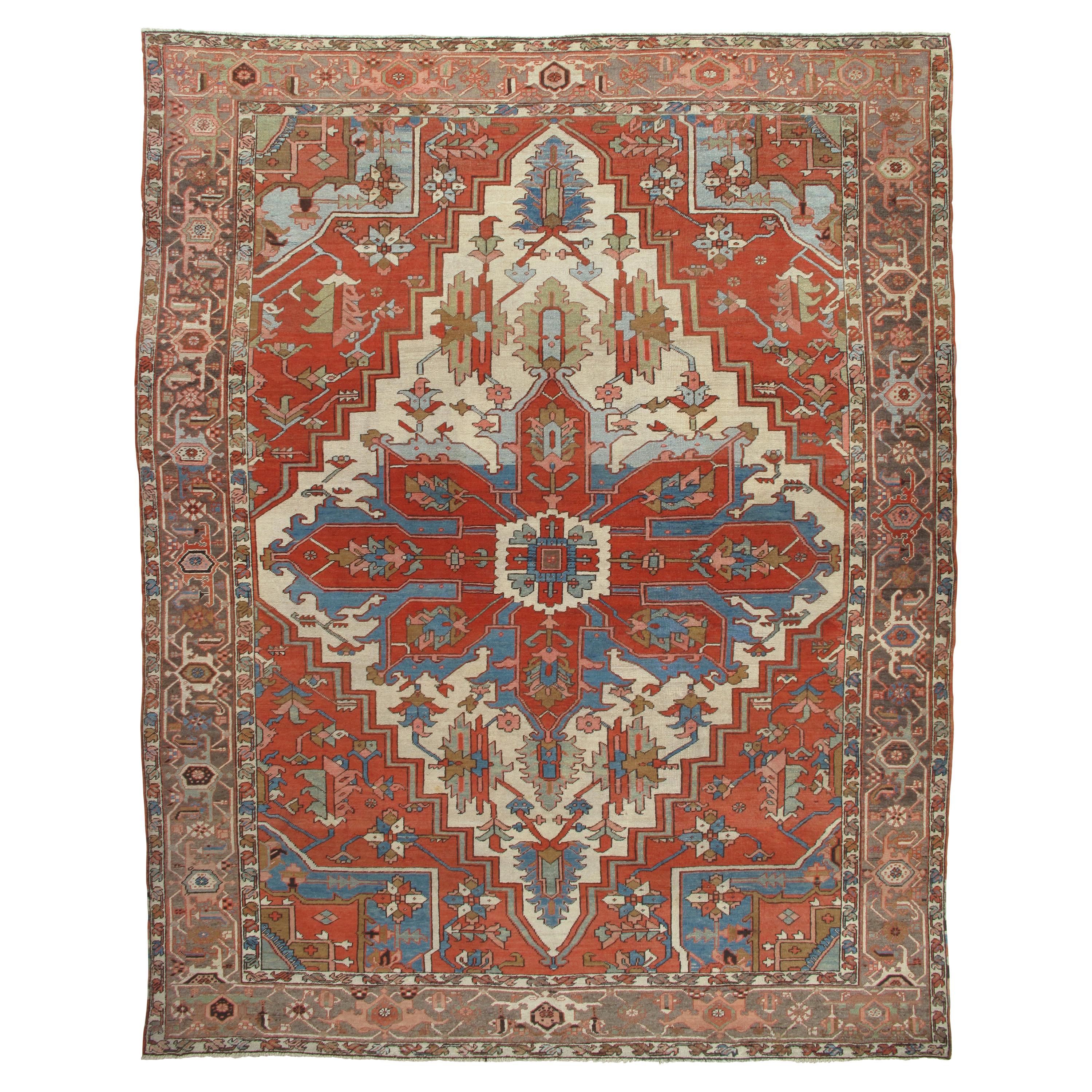 Tapis persan antique Serapi, tapis oriental en laine fait à la main, rouille, ivoire, bleu clair