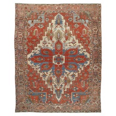 Antique Persian Serapi Carpet, Handmade Wool Oriental Rug, Rust, Ivory, Lit Blue