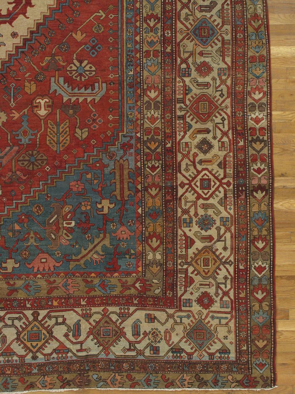 Hand-Knotted Antique Persian Serapi Carpet, Handmade Wool Oriental Rug, Rust, Ivory, Lt Blue For Sale