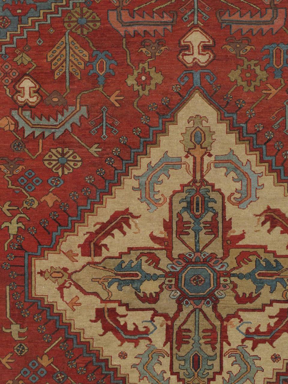 19th Century Antique Persian Serapi Carpet, Handmade Wool Oriental Rug, Rust, Ivory, Lt Blue For Sale