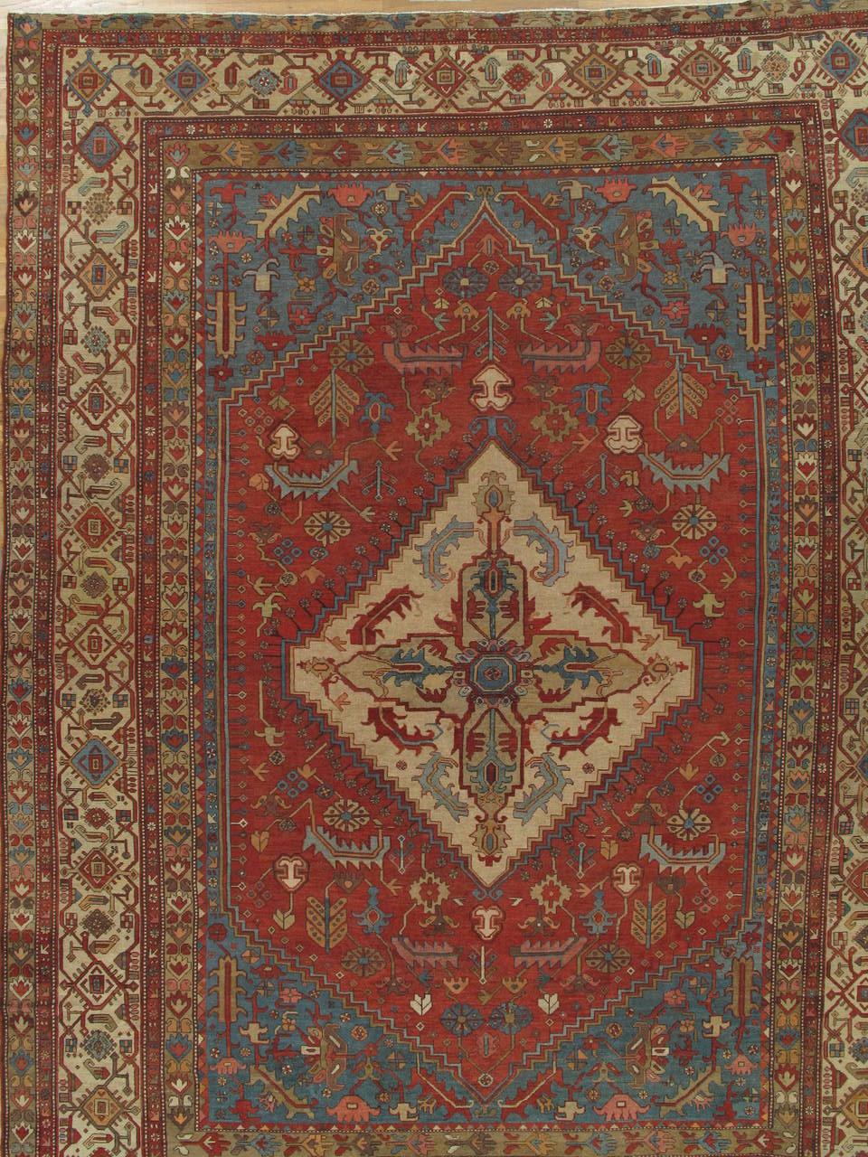 Antique Persian Serapi Carpet, Handmade Wool Oriental Rug, Rust, Ivory, Lt Blue For Sale 1