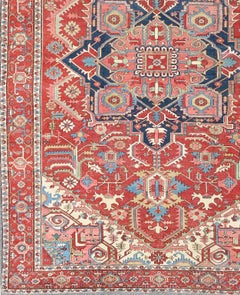 Antique Persian Serapi Carpet in Warm Red, Blue Colors and Geometric Design