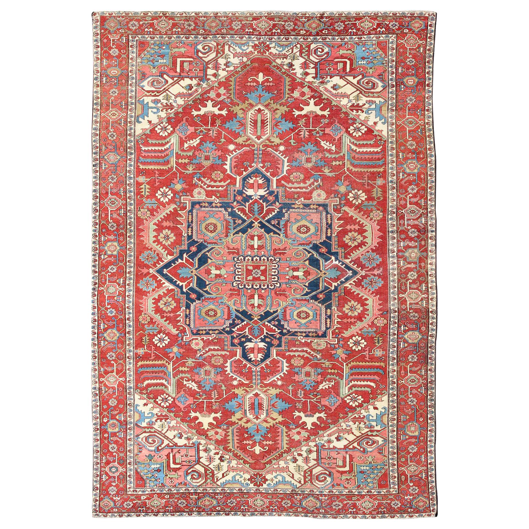 Antique Persian Serapi Carpet in Warm Red, Blue Colors and Geometric Design